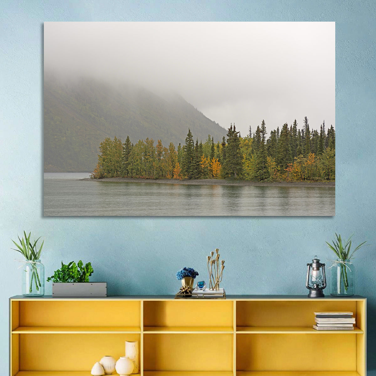 Kathleen Lake Autumn Shoreline Wall Art in a room, landscape