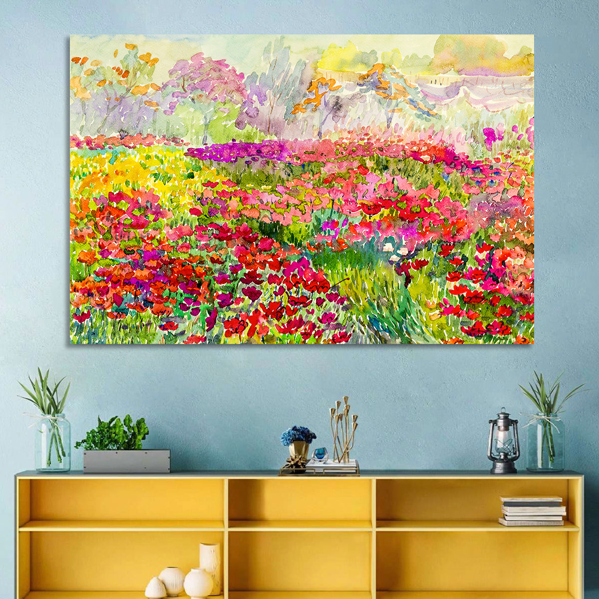 Summer Poppy Meadow Watercolor Wall Art in a room, landscape