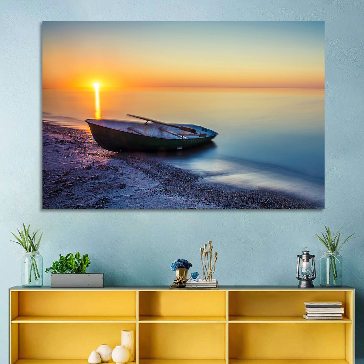 Rowboat Sunrise Seascape Wall Art in a room, landscape