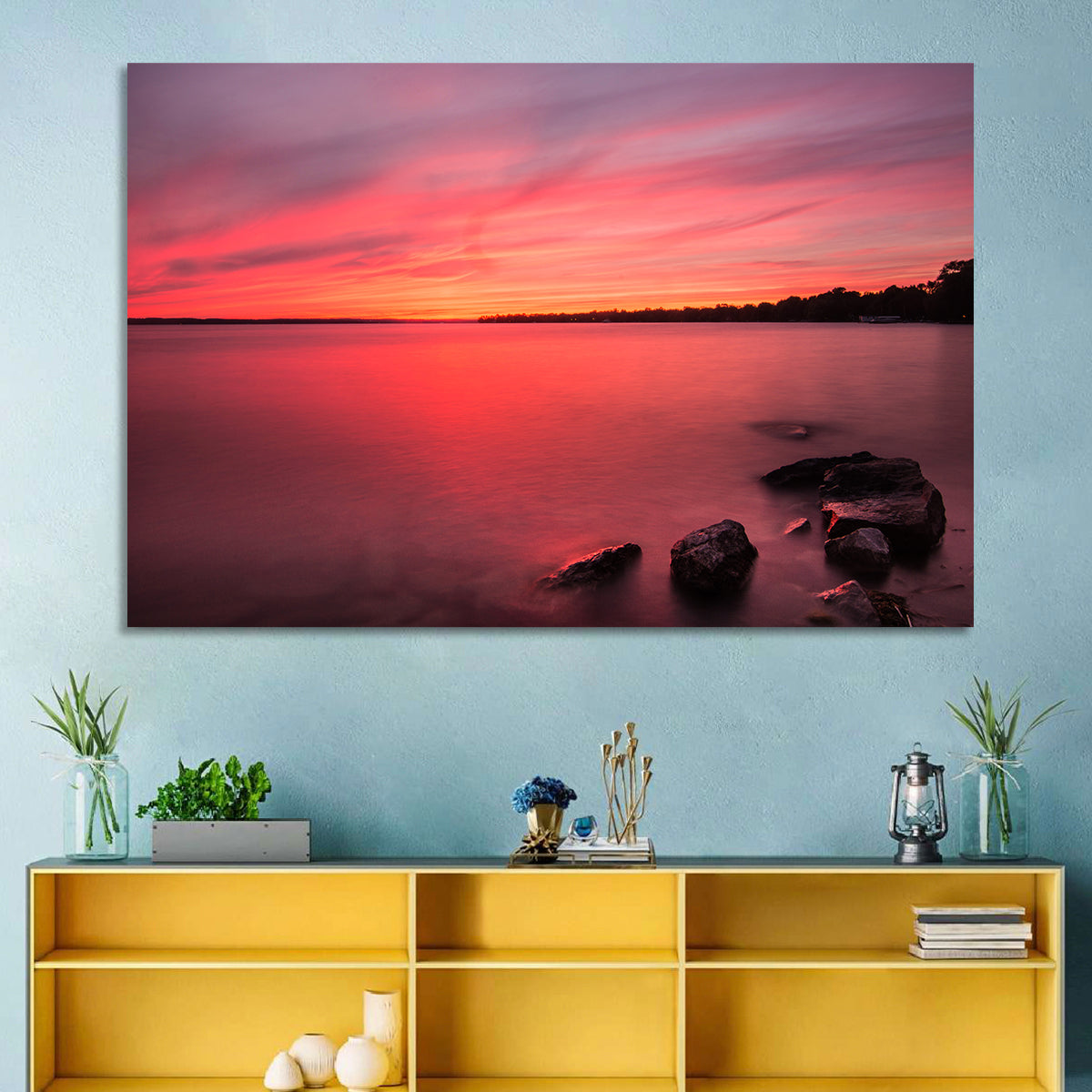 Lake Simcoe Sunset Wall Art in a room, landscape