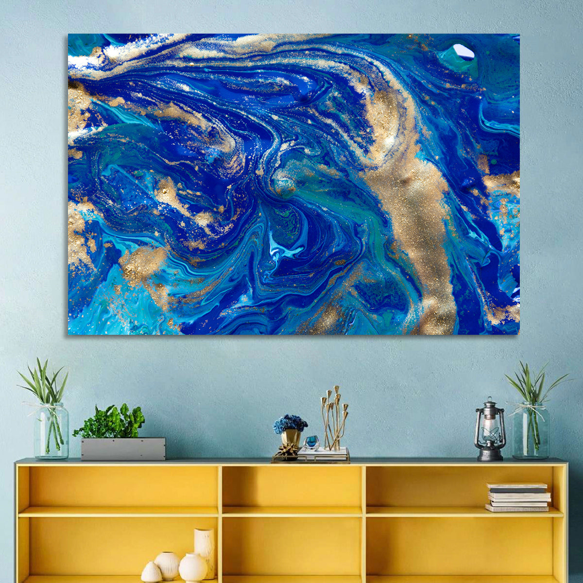 Blue and Gold Liquid Marble Swirls Wall Art in a room, landscape