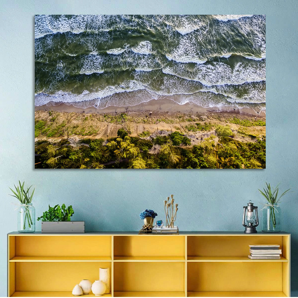 Aerial Waves Over Sandy Cliff Wall Art in a room, landscape