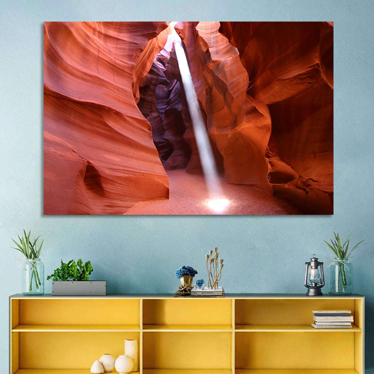 Antelope Canyon Light Beam Wall Art in a room, landscape