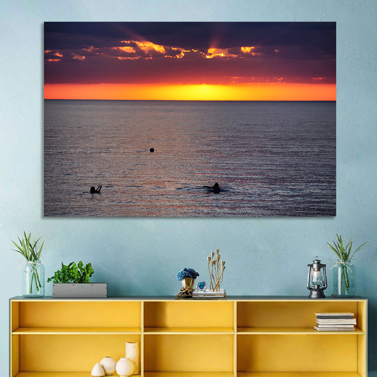 Balkhash Sunset Silhouettes Wall Art in a room, landscape