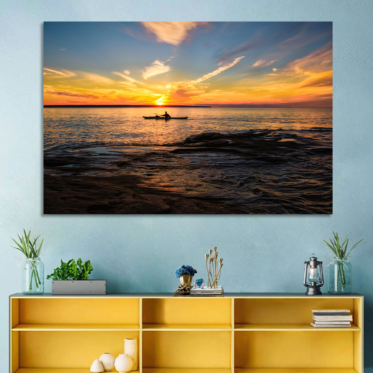 Lake Superior Sunset Wall Art in a room, landscape