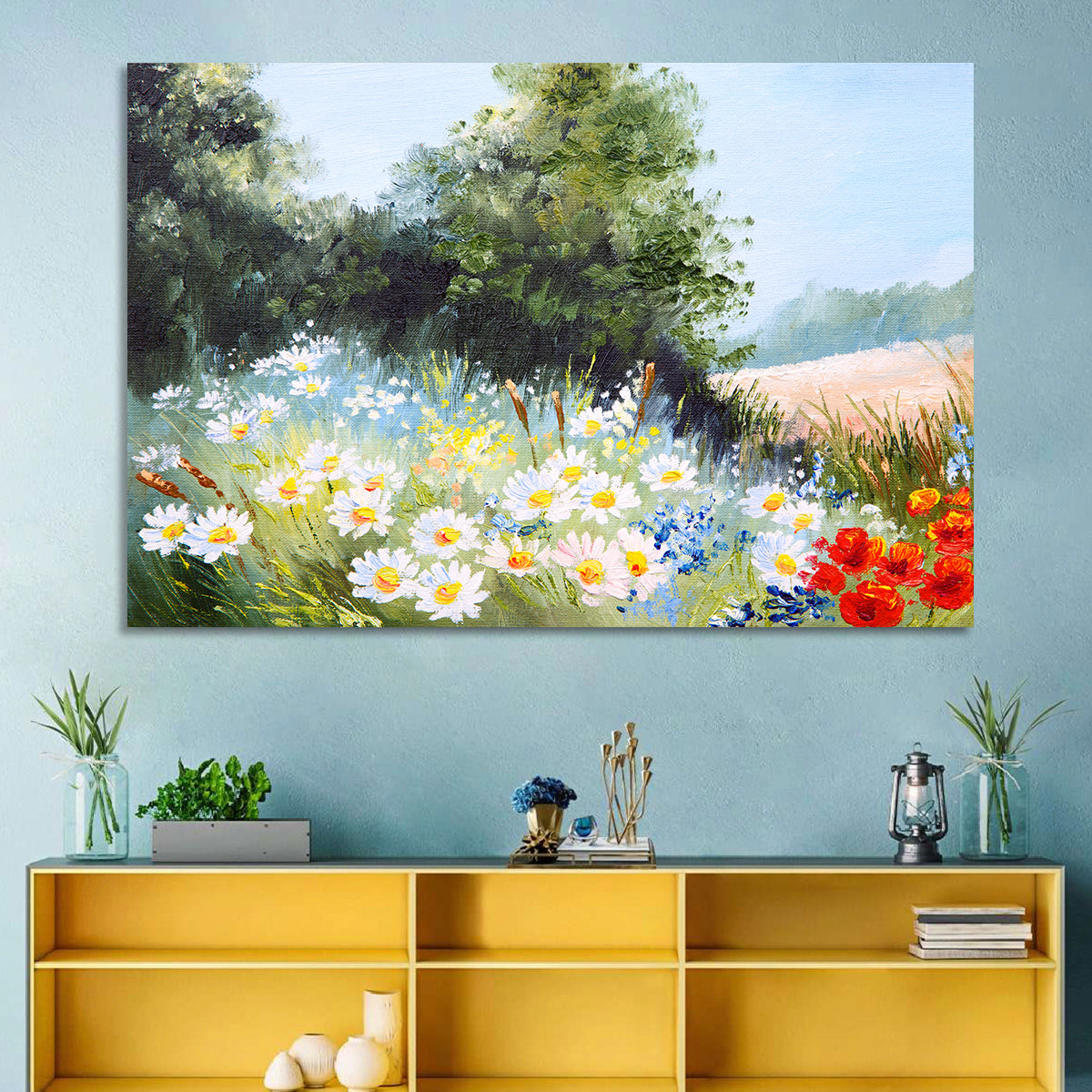 Sunny Daisy Meadow with Red Poppies Wall Art