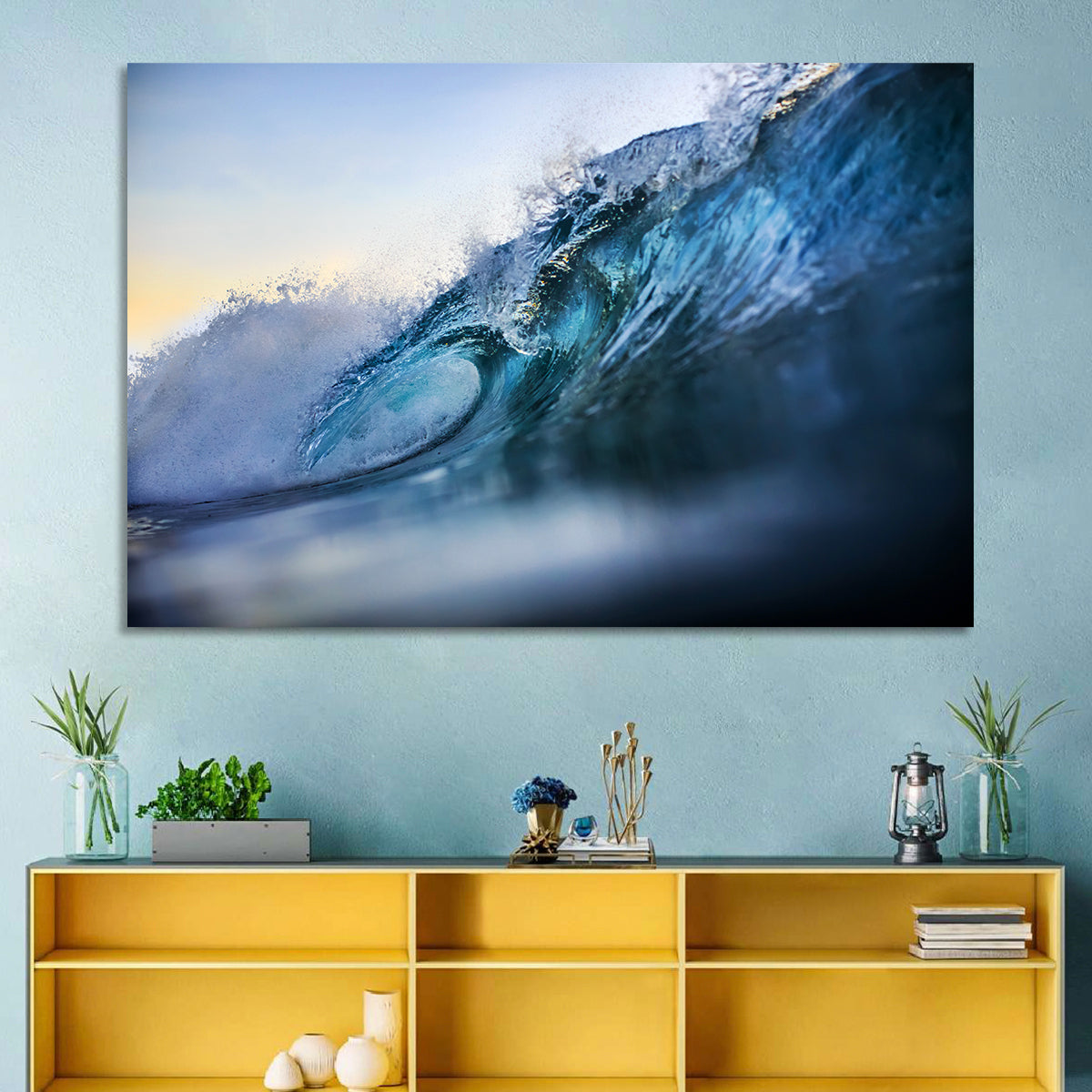 Golden Hour Barrel Wave Wall Art in a room, landscape