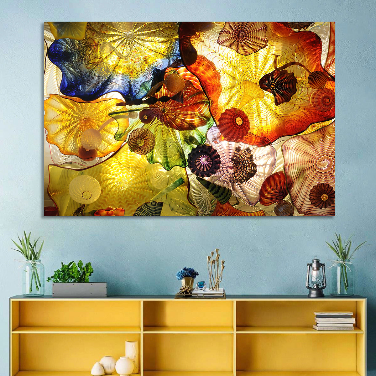 Kaleidoscopic Glass Ceiling Abstract Wall Art in a room, landscape