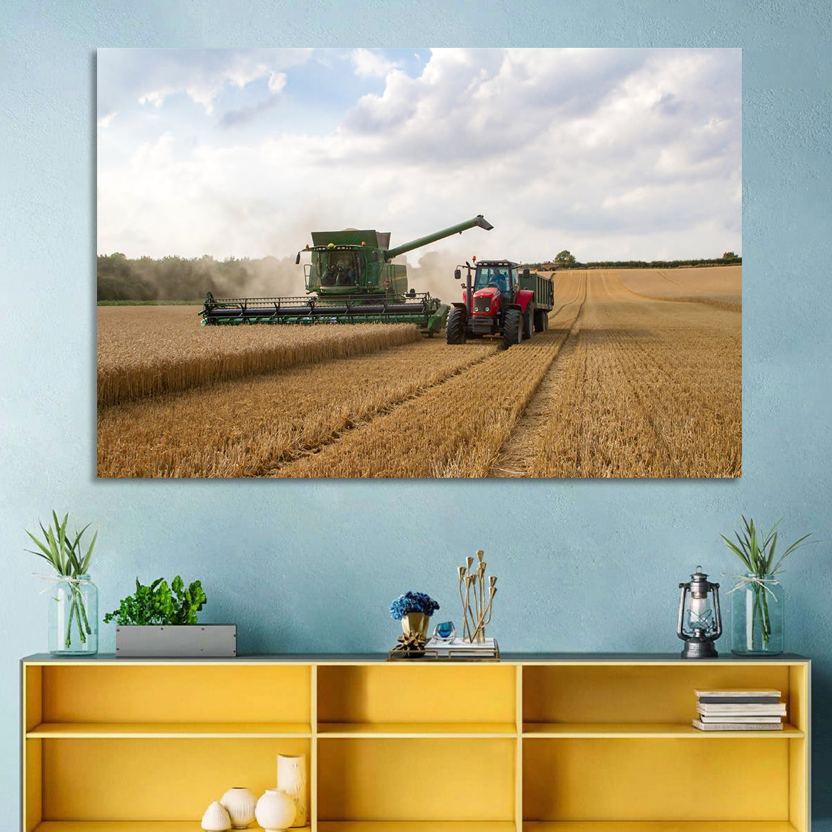 Wheat Harvest with Combine and Tractor Wall Art in a room, landscape
