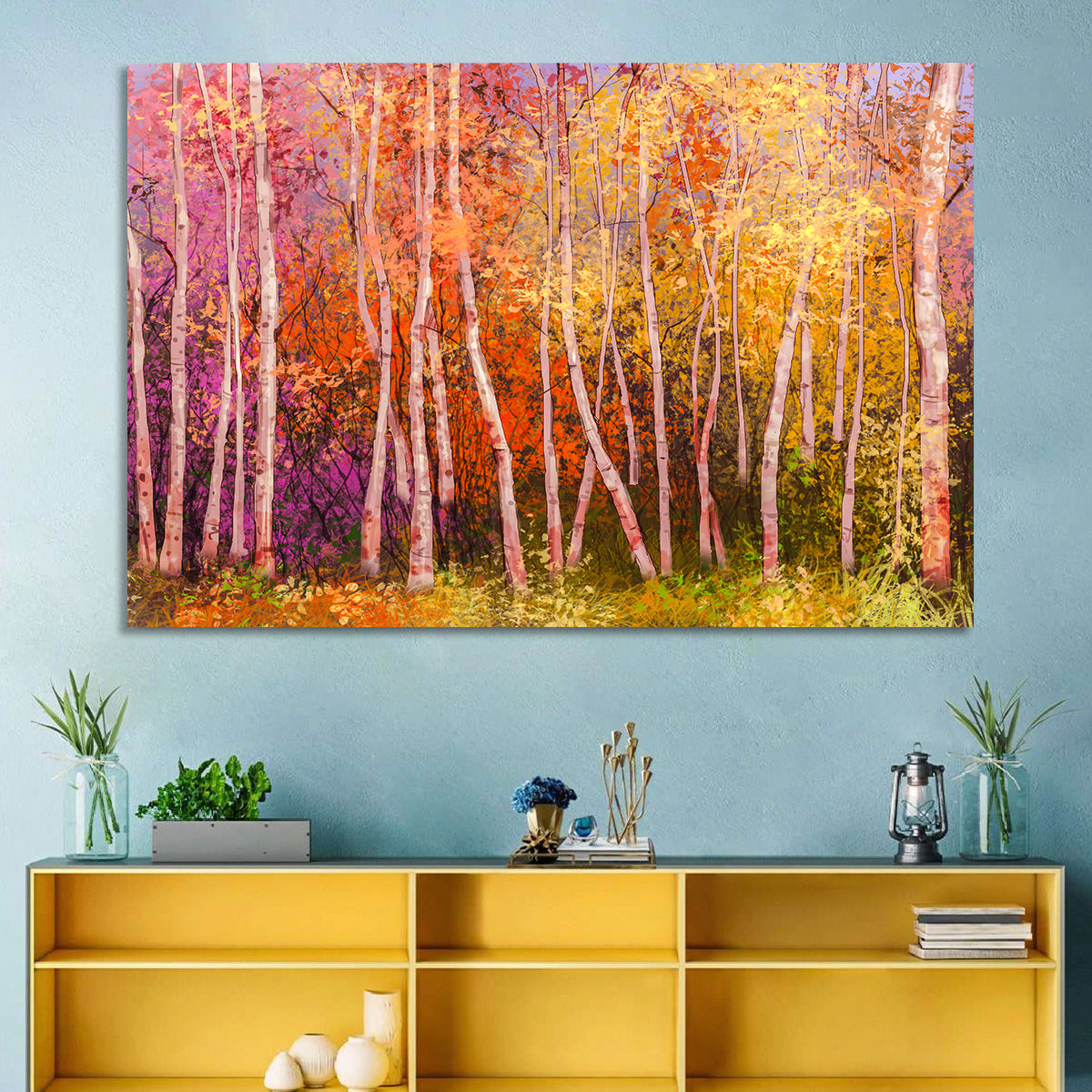 Vibrant Autumn Birch Grove Wall Art in a room, landscape