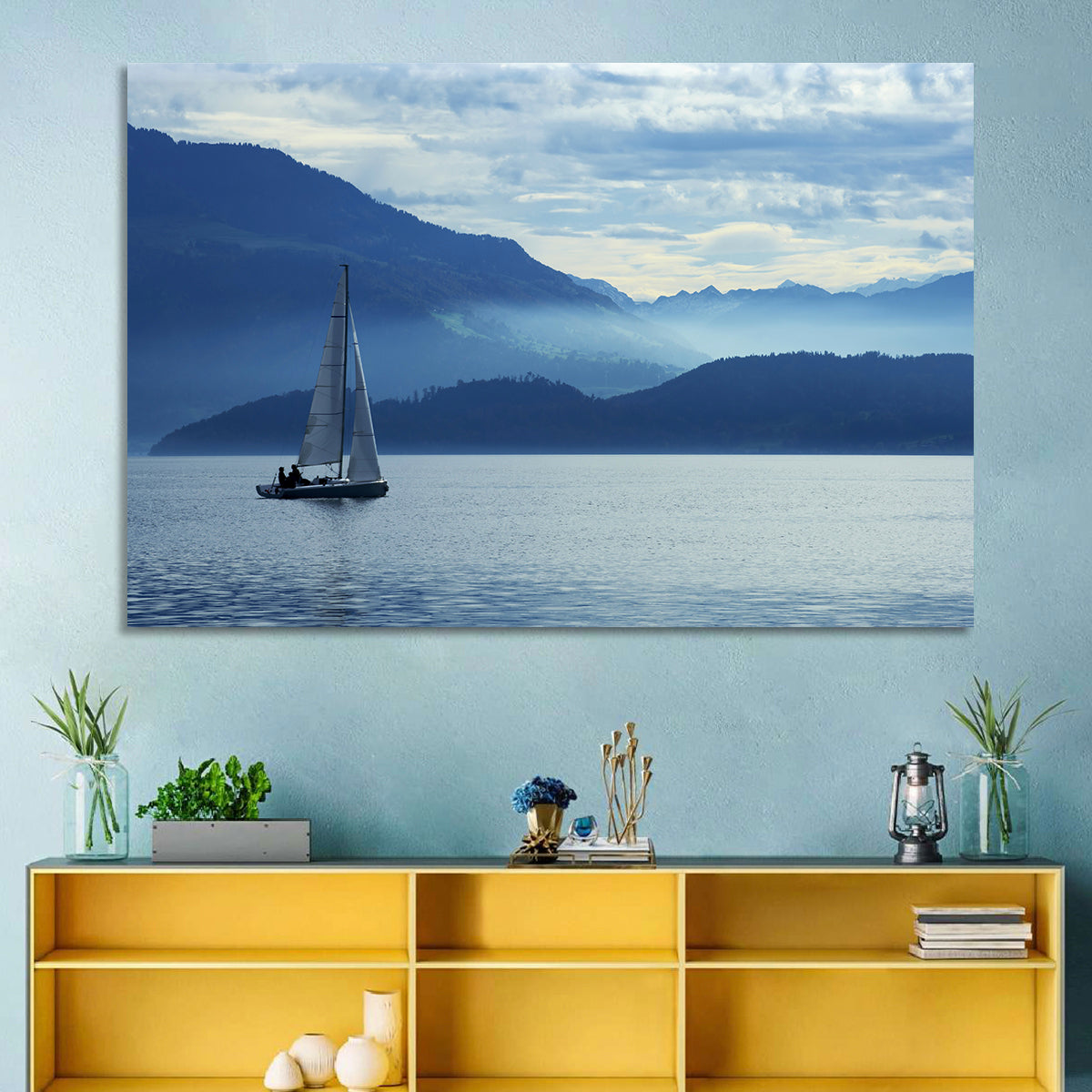 Lake Zug Sailing Wall Art in a room, landscape