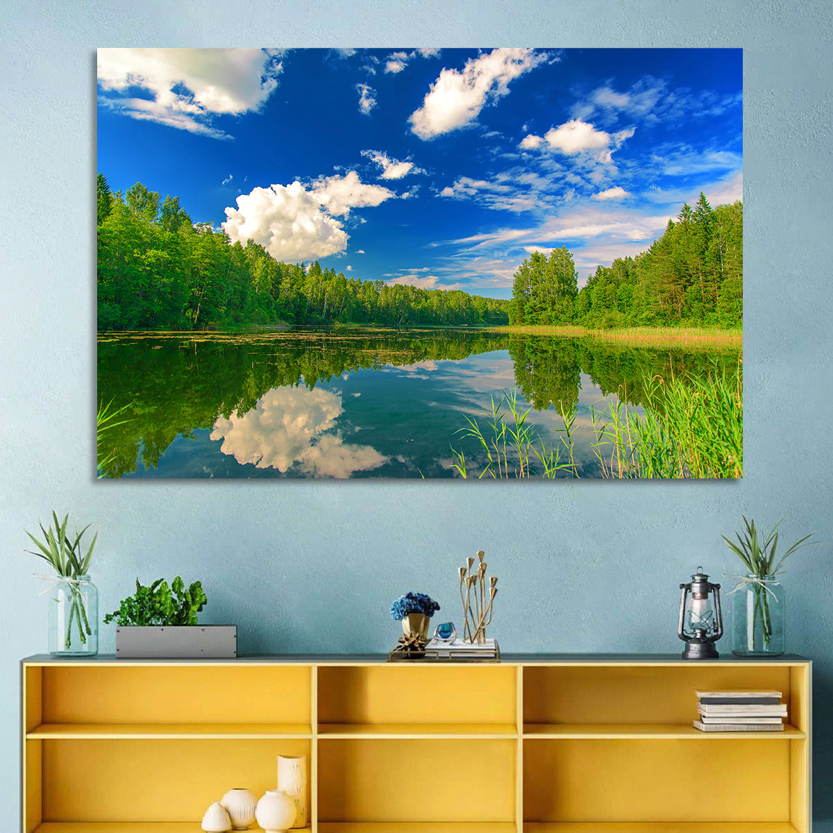Kurtna Lake Reflection Wall Art in a room, landscape