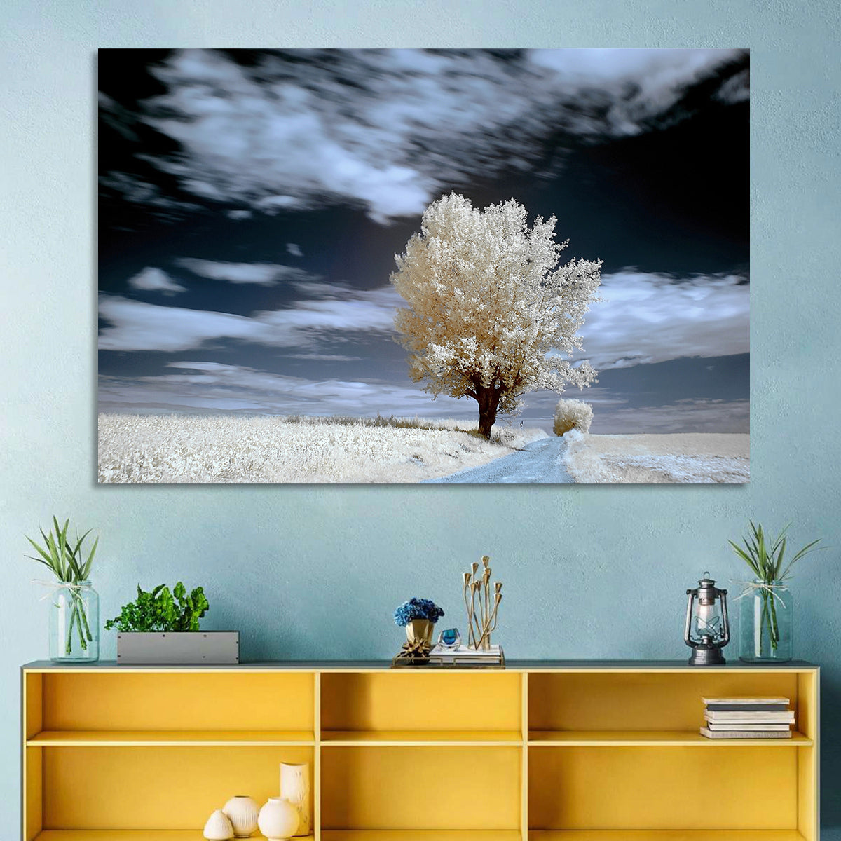 Infrared Winter Willow Tree Wall Art in a room, landscape