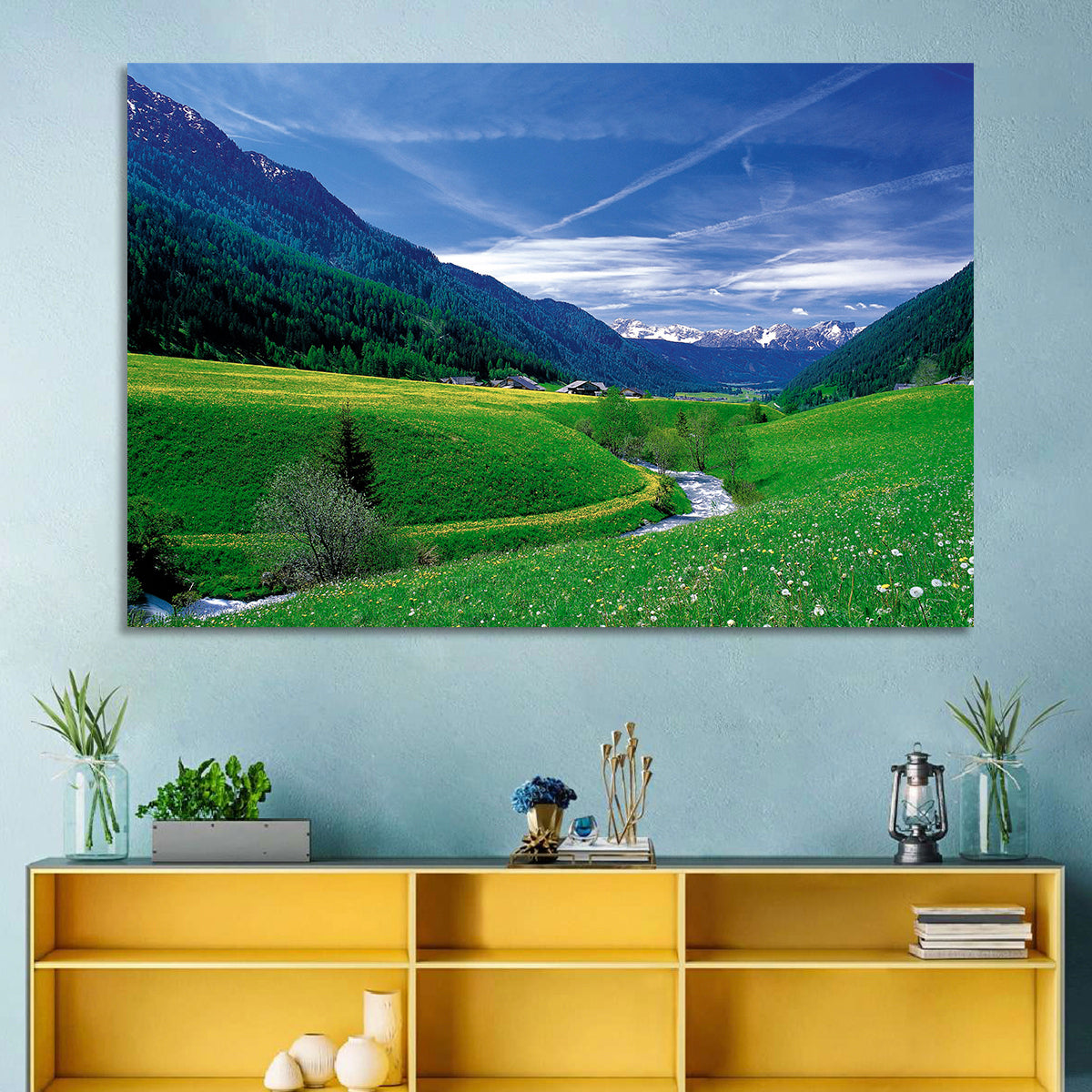 Snow-capped Peaks and Floral Meadow Wall Art in a room, landscape