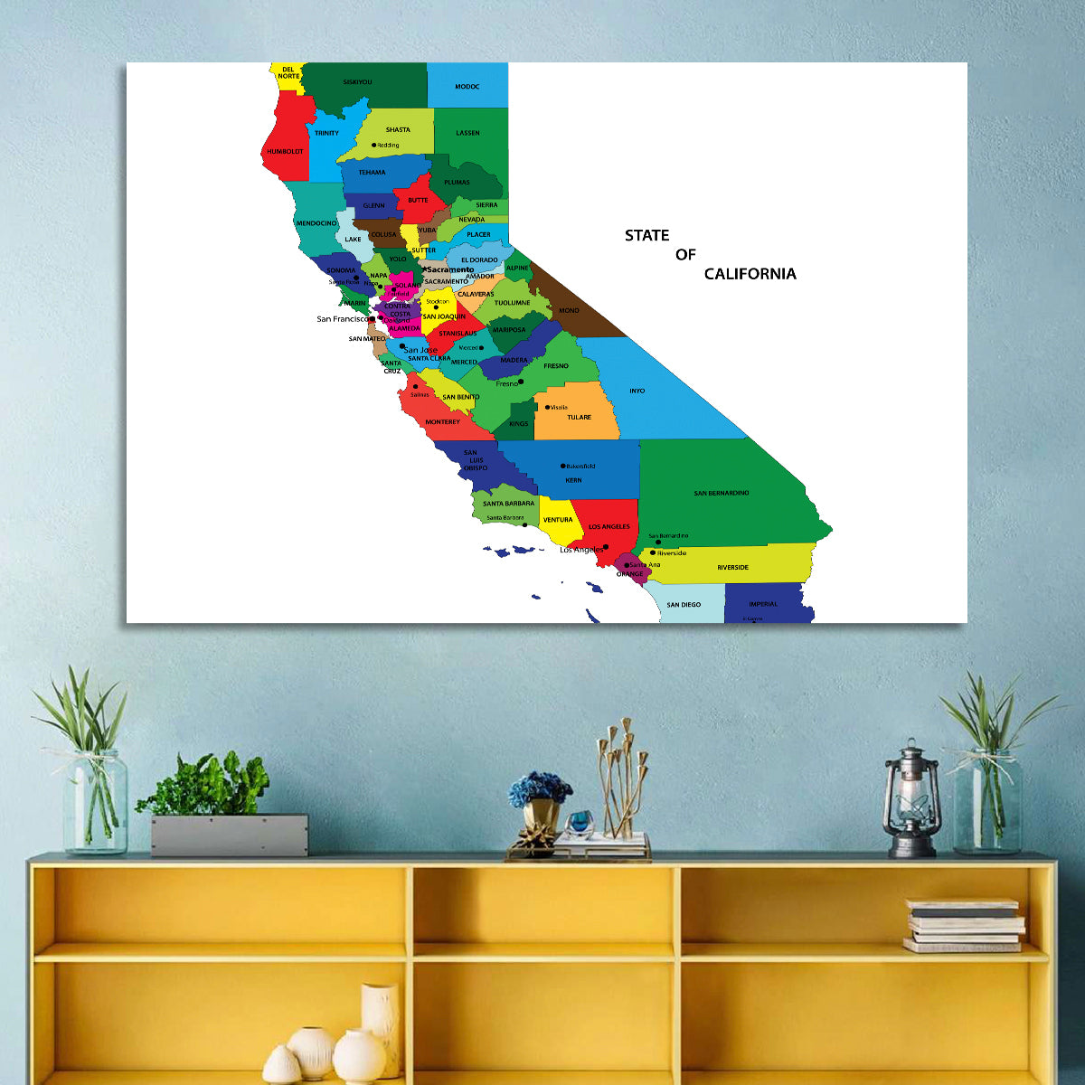 California Map with Colored Counties Wall Art in a room, landscape