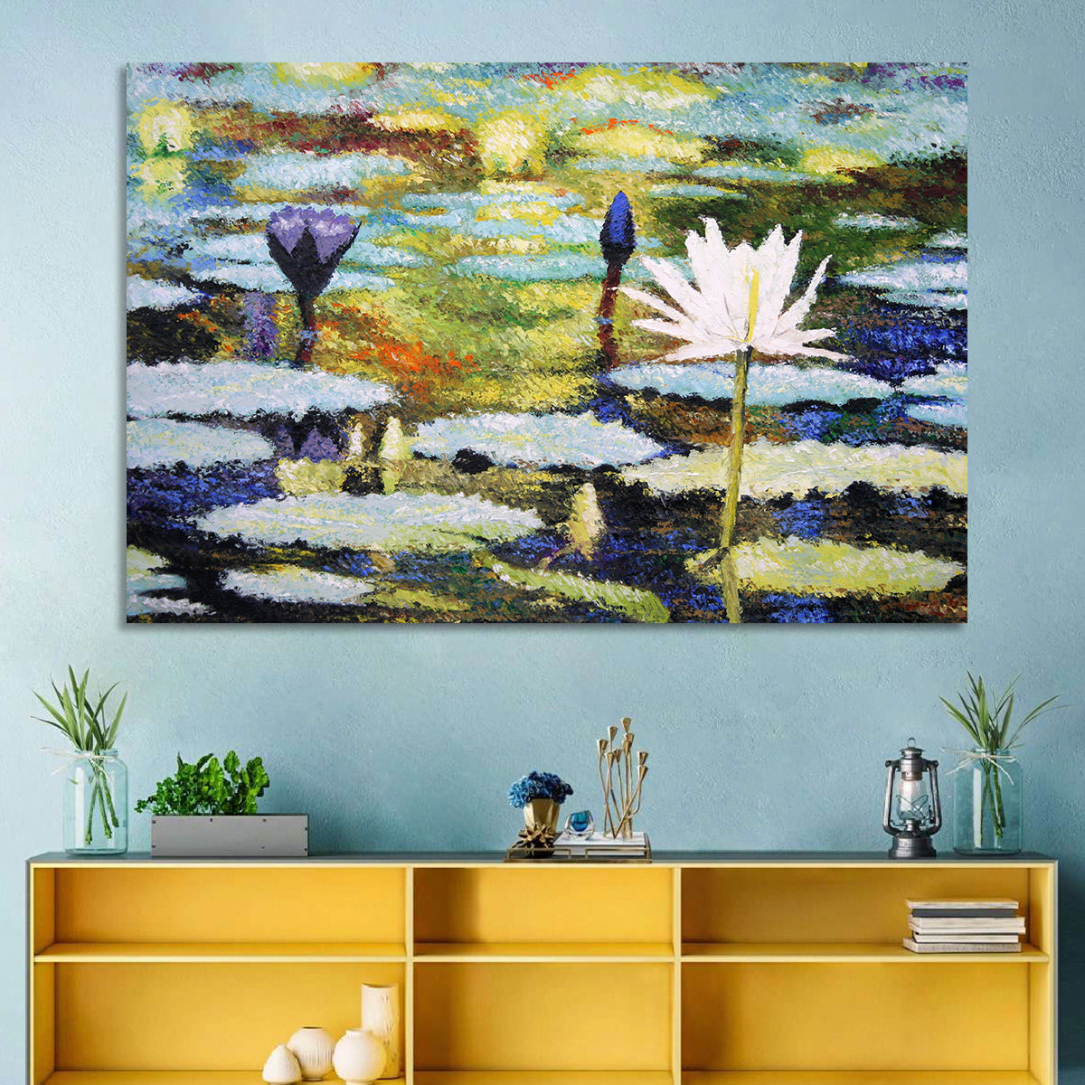 Impressionist Water Lilies Study Wall Art in a room, landscape