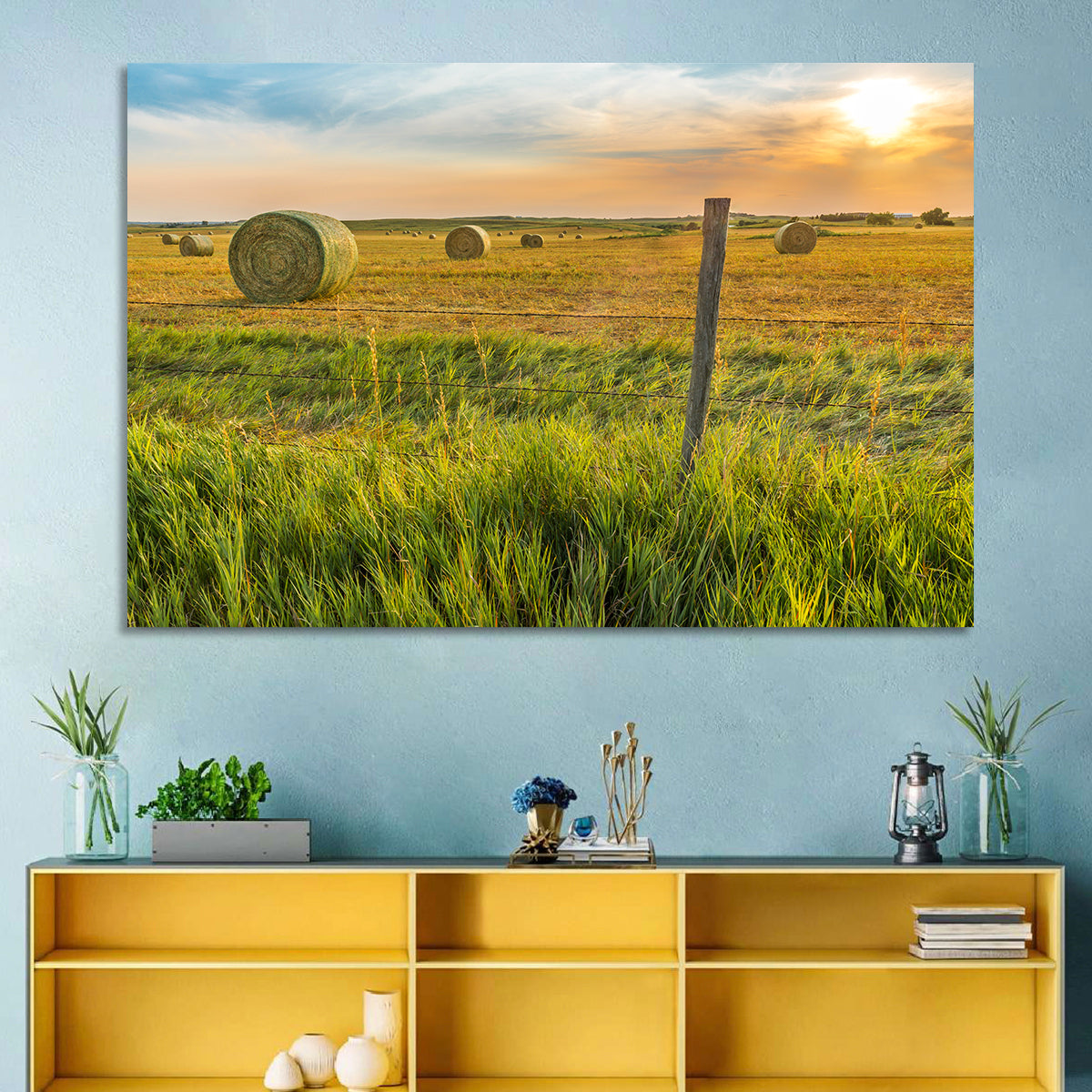 Hay Bales at Sunset Wall Art in a room, landscape