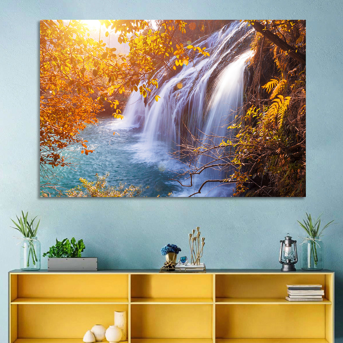 Golden Hour Waterfall in Autumn Forest Wall Art in a room, landscape