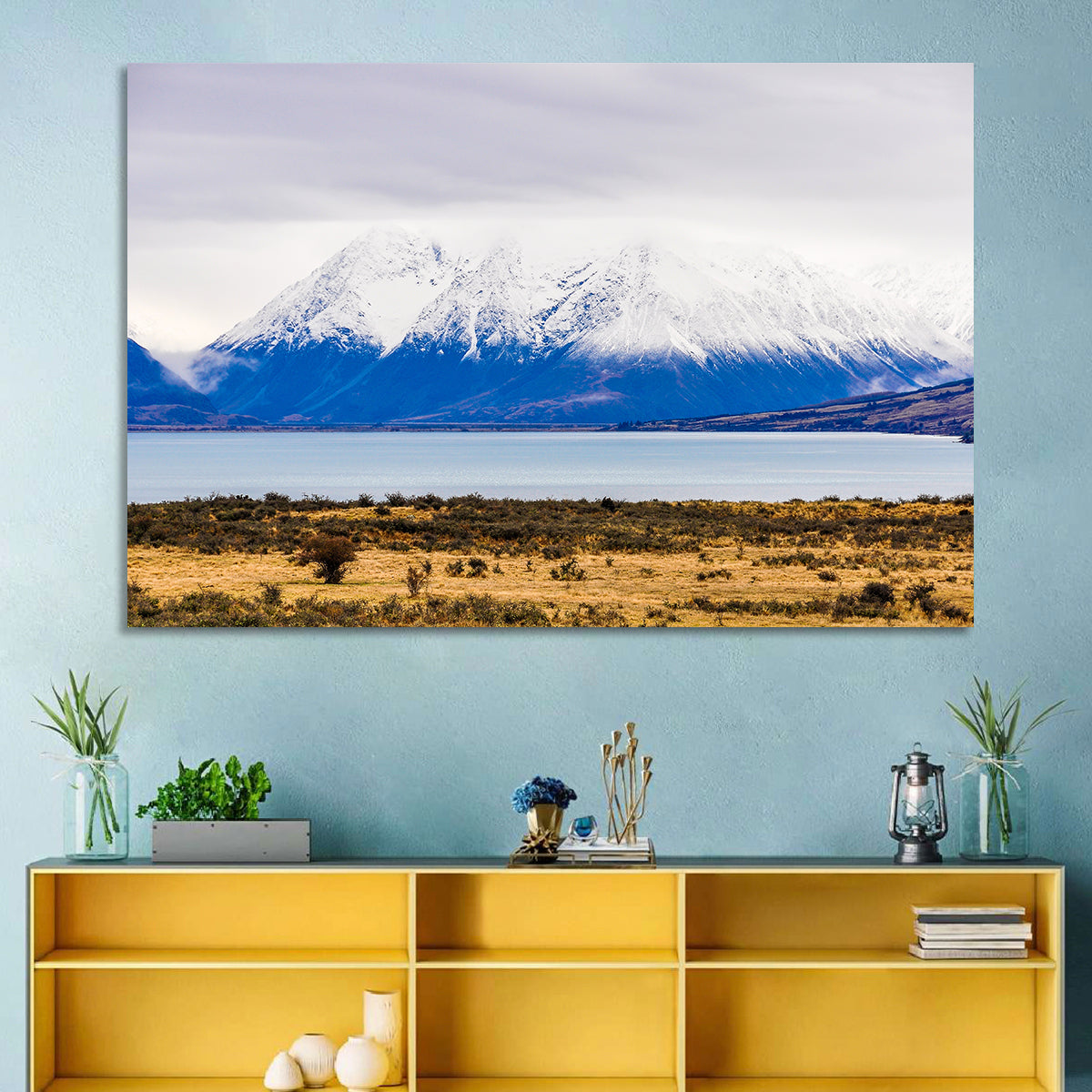 Lake Ohau Snowy Peaks Wall Art in a room, landscape