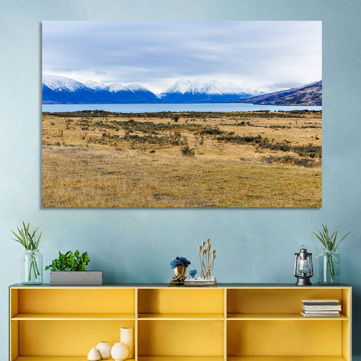 Snowy Peaks of Lake Ohau Wall Art in a room, landscape