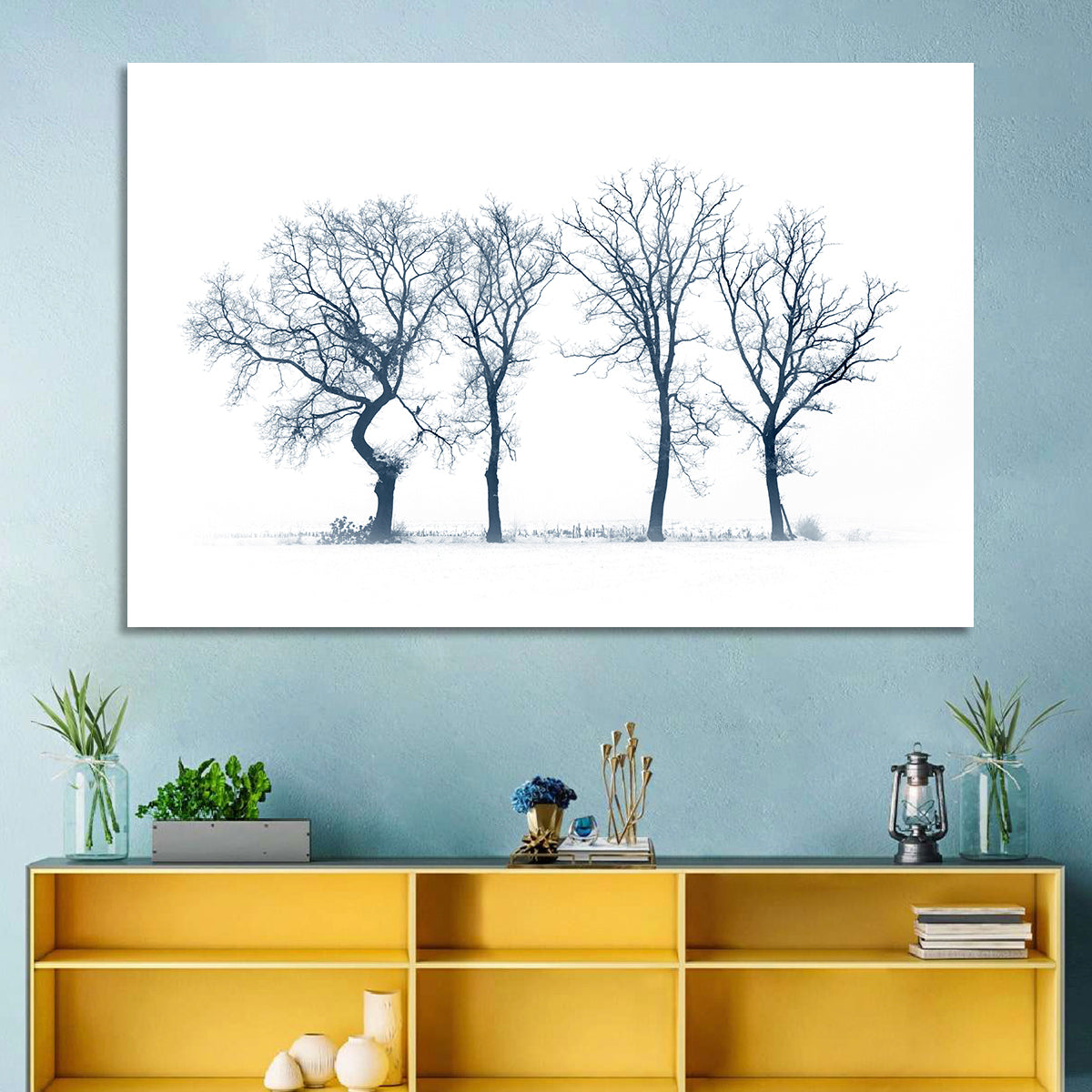 Four Bare Trees in Winter Wall Art in a room, landscape
