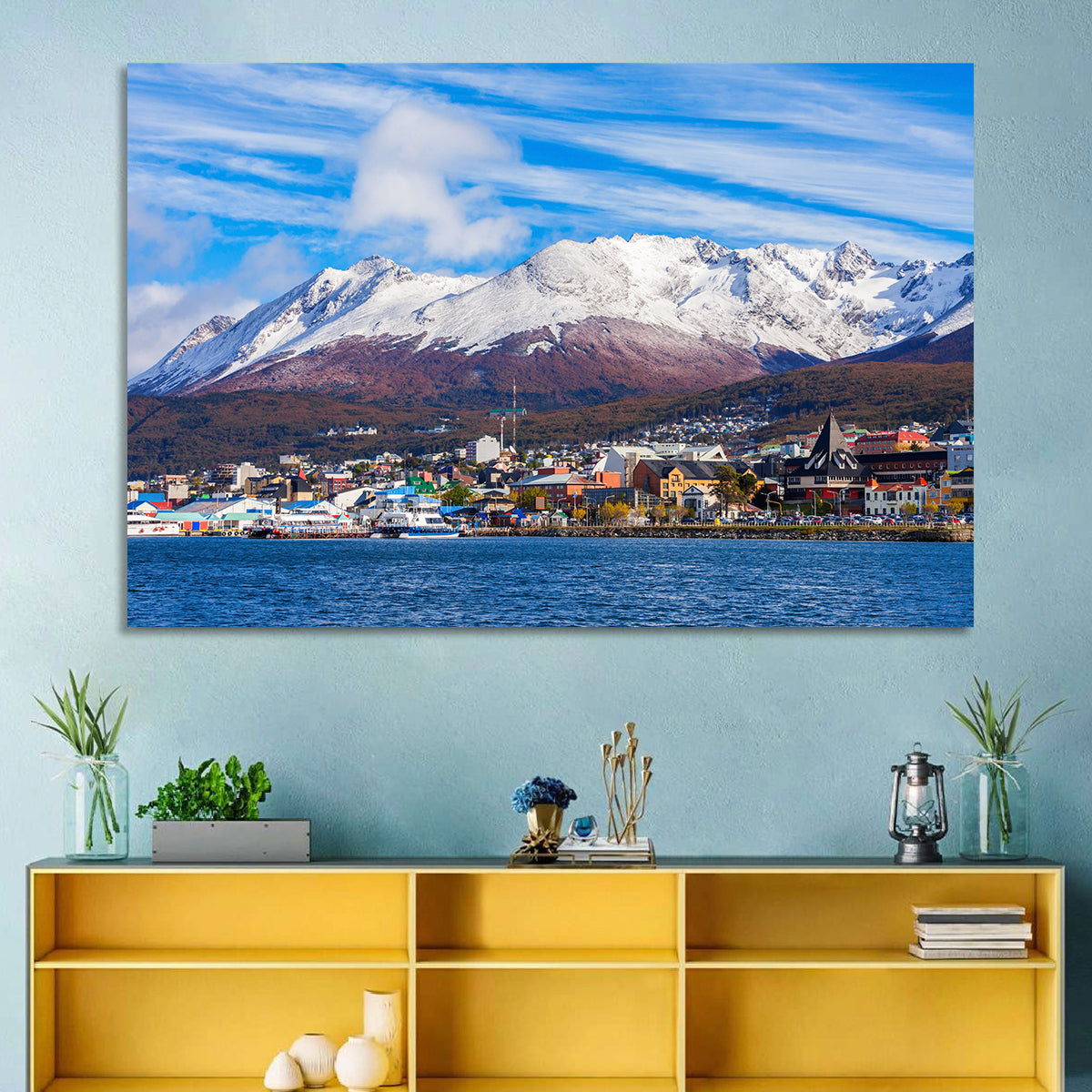 Ushuaia Harbor View Wall Art in a room, landscape