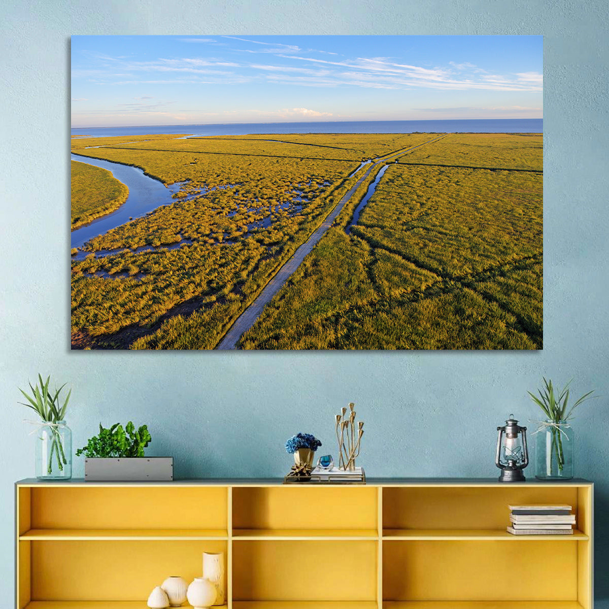 Delaware Bay Marshland Aerial Wall Art in a room, landscape