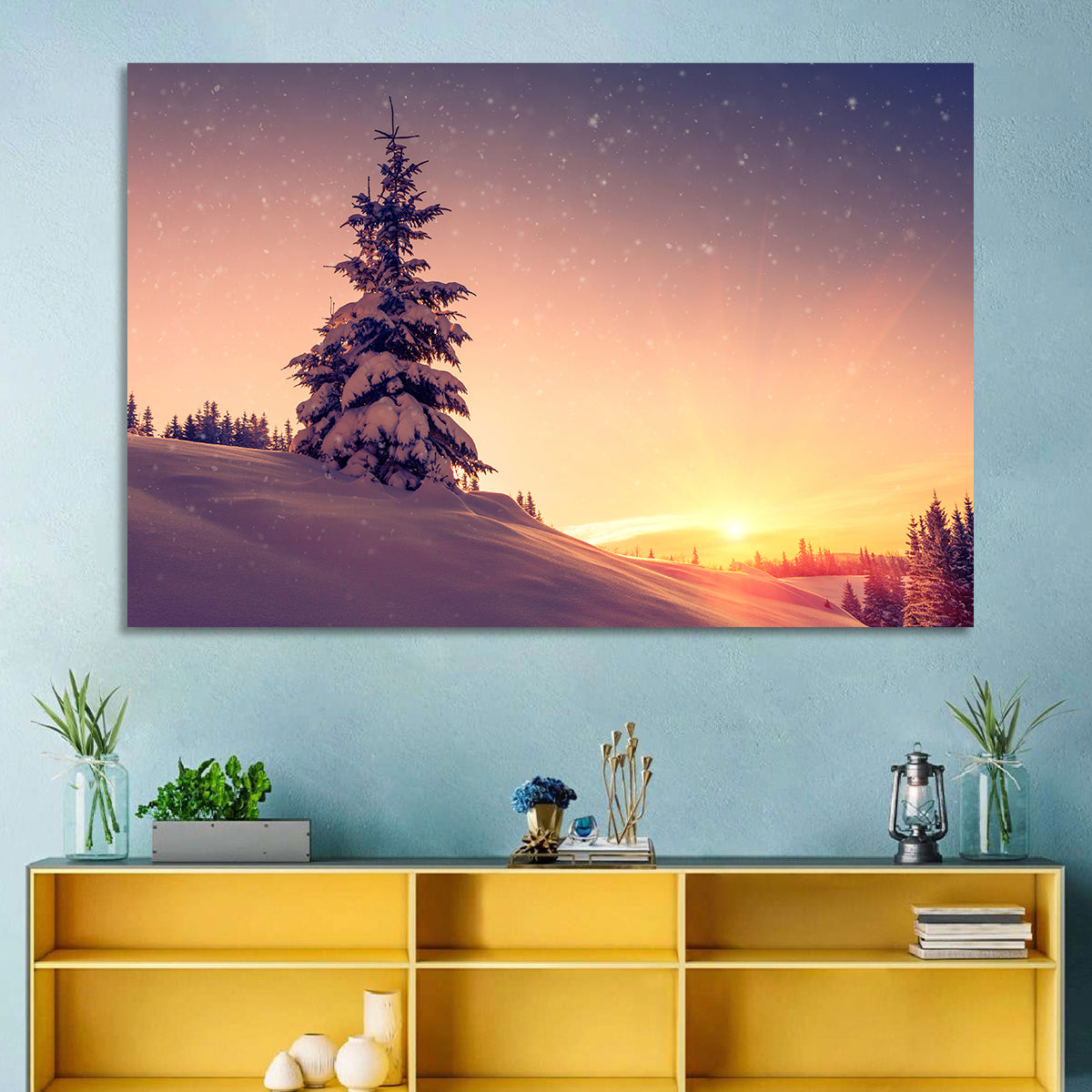 Snowy Sunset with Conifer Wall Art in a room, landscape