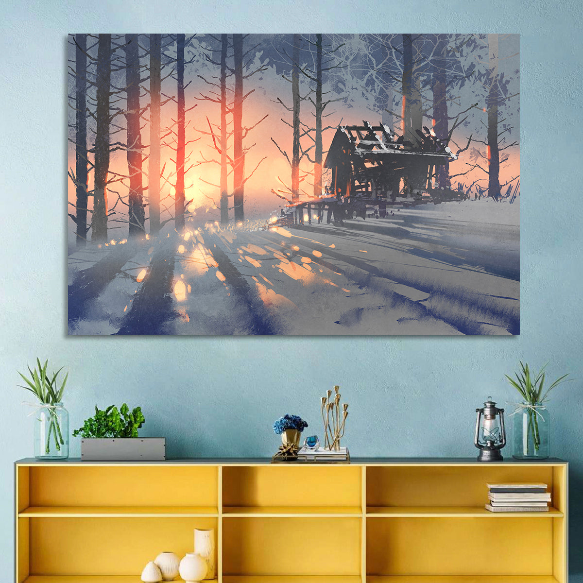 Snowy Forest Cabin at Sunset Wall Art