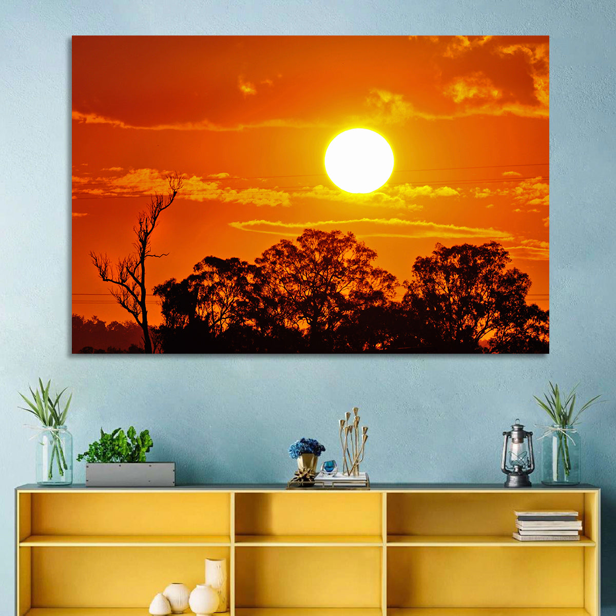 Burning Sun Over Tree Silhouettes Wall Art in a room, landscape
