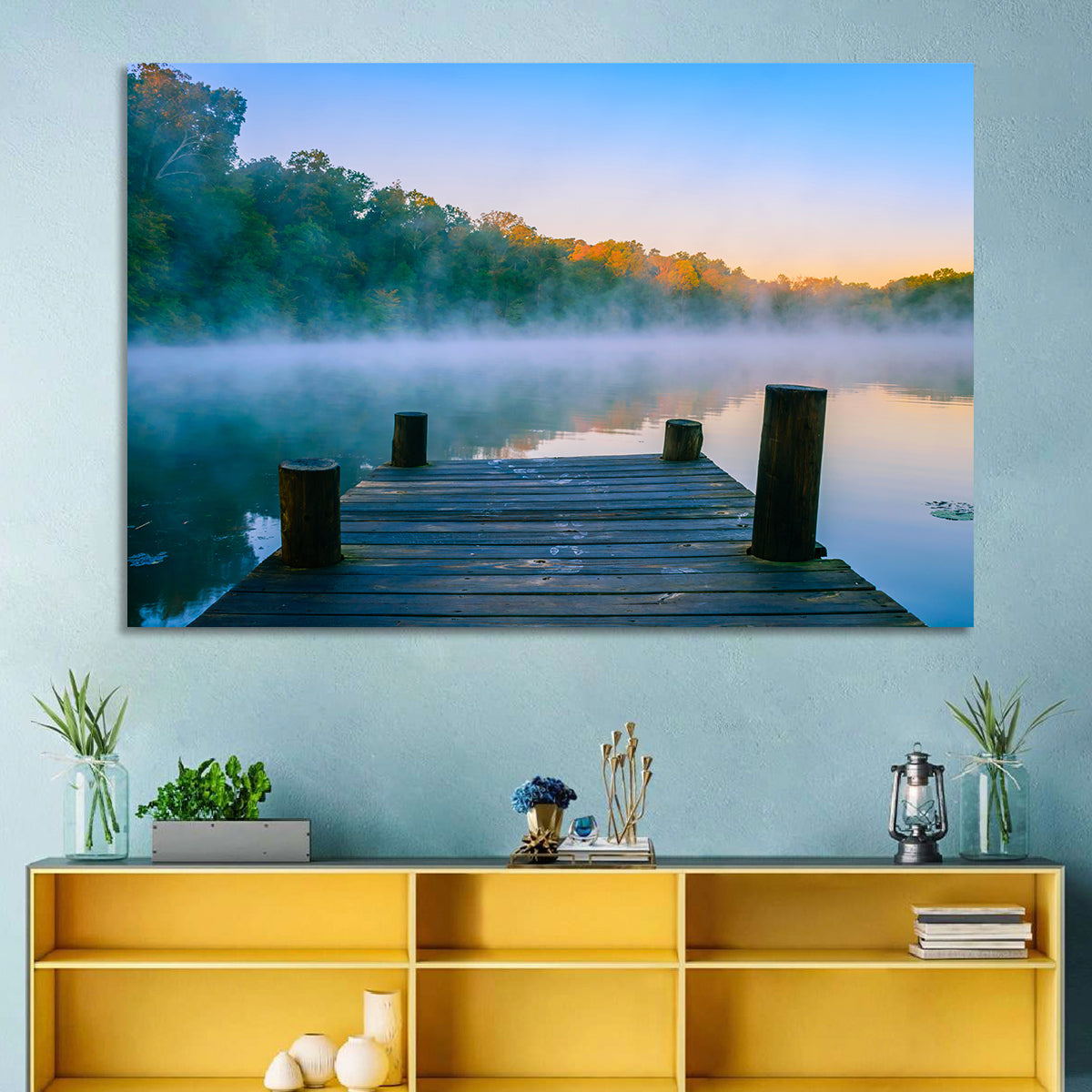 Misty Dock, Mt Saint Francis Wall Art in a room, landscape