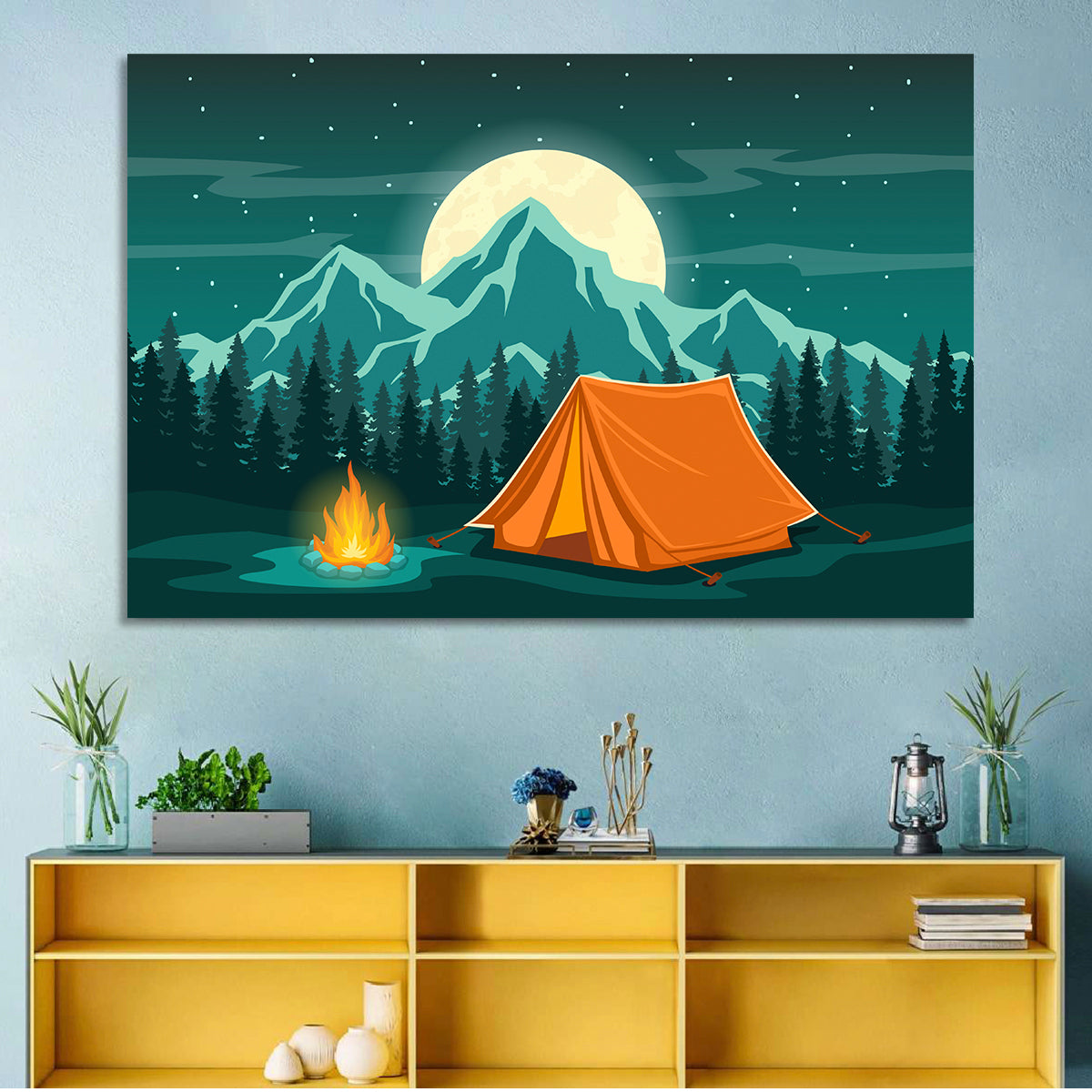 Moonlit Campfire Landscape Wall Art in a room, landscape