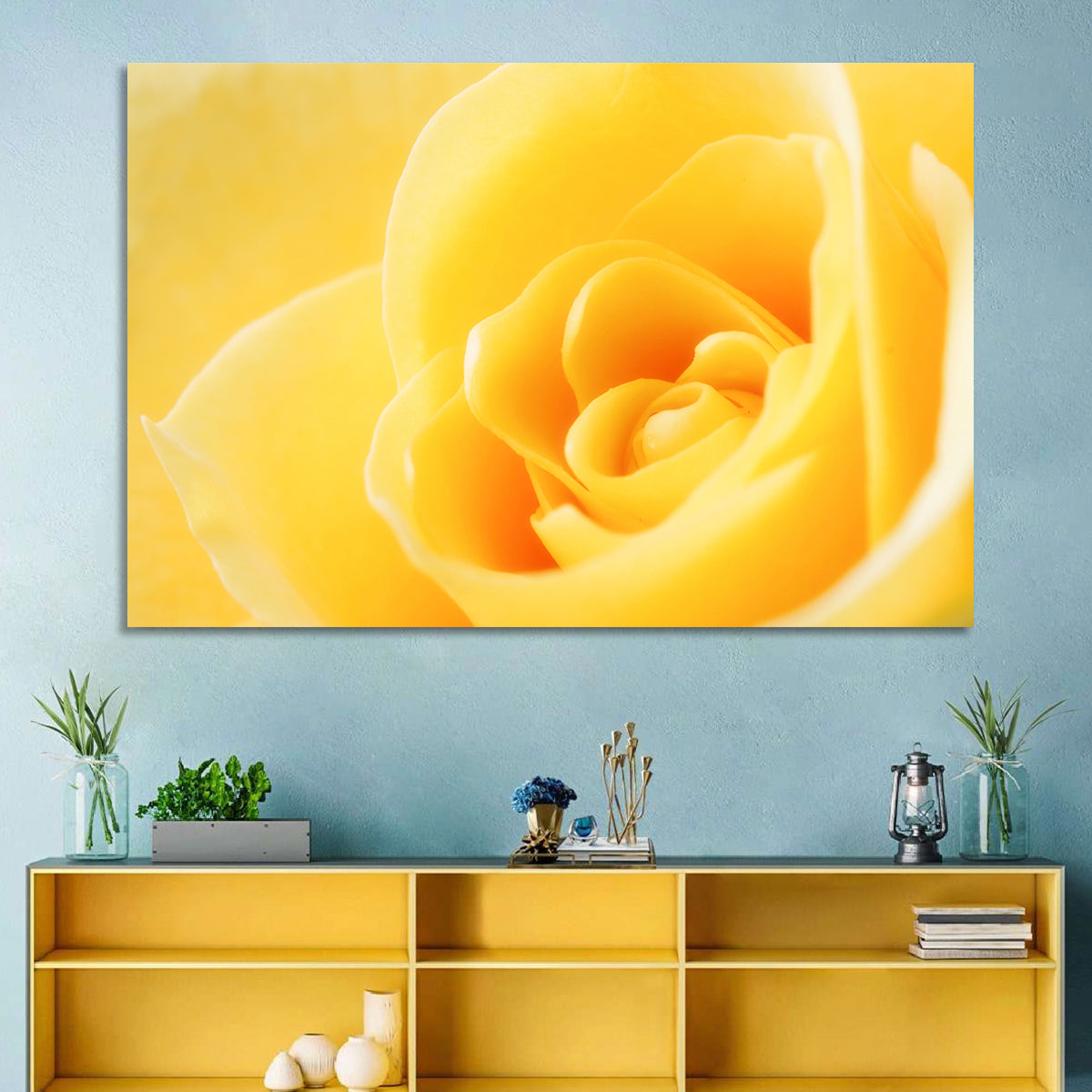 Soft-lit Yellow Rose Close-up Wall Art in a room, landscape