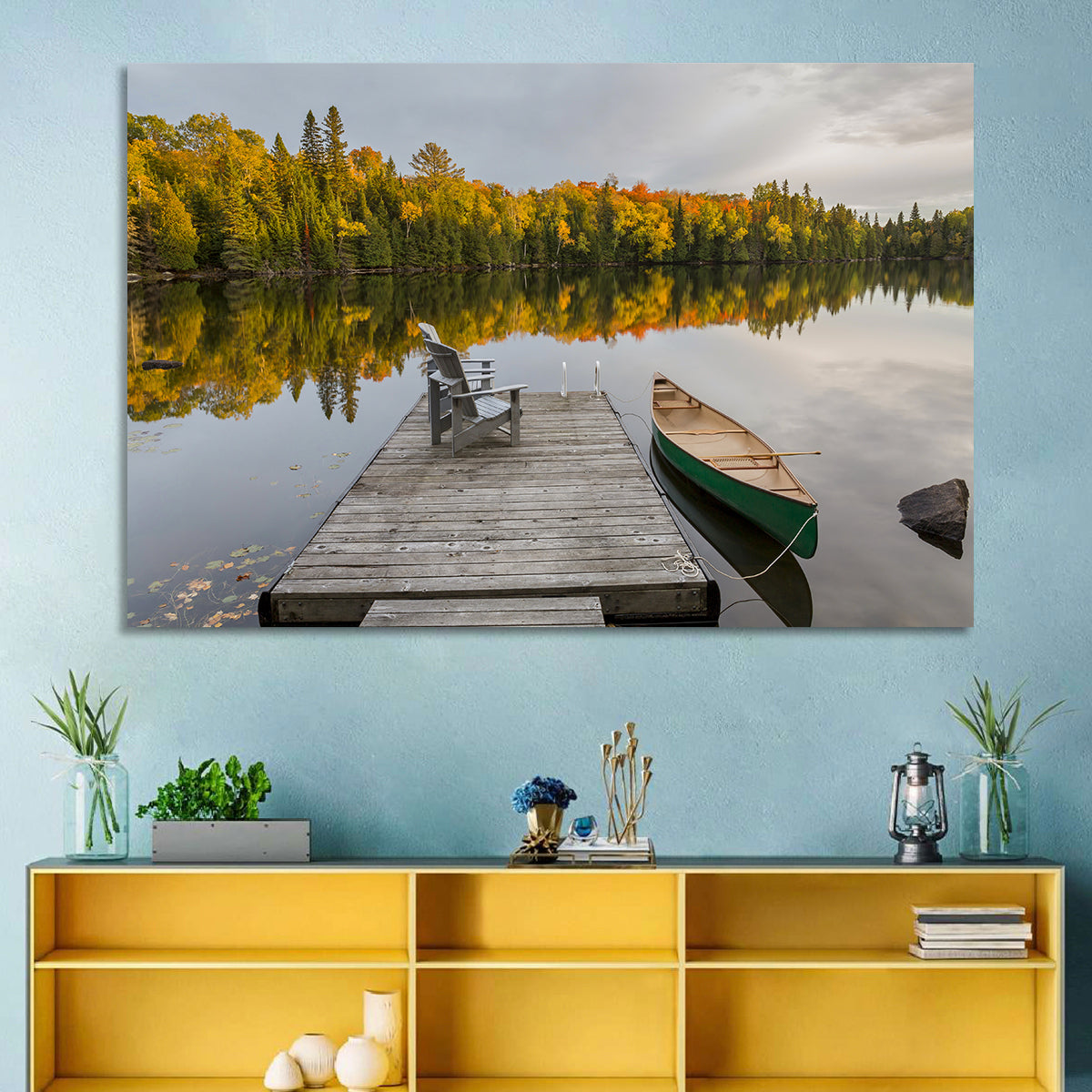 Ontario Autumn Lake Dock Wall Art in a room, landscape