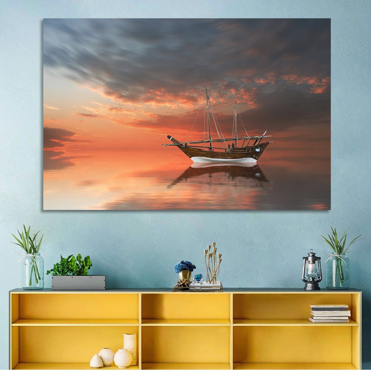 Dhow at Sunset Wall Art in a room, landscape