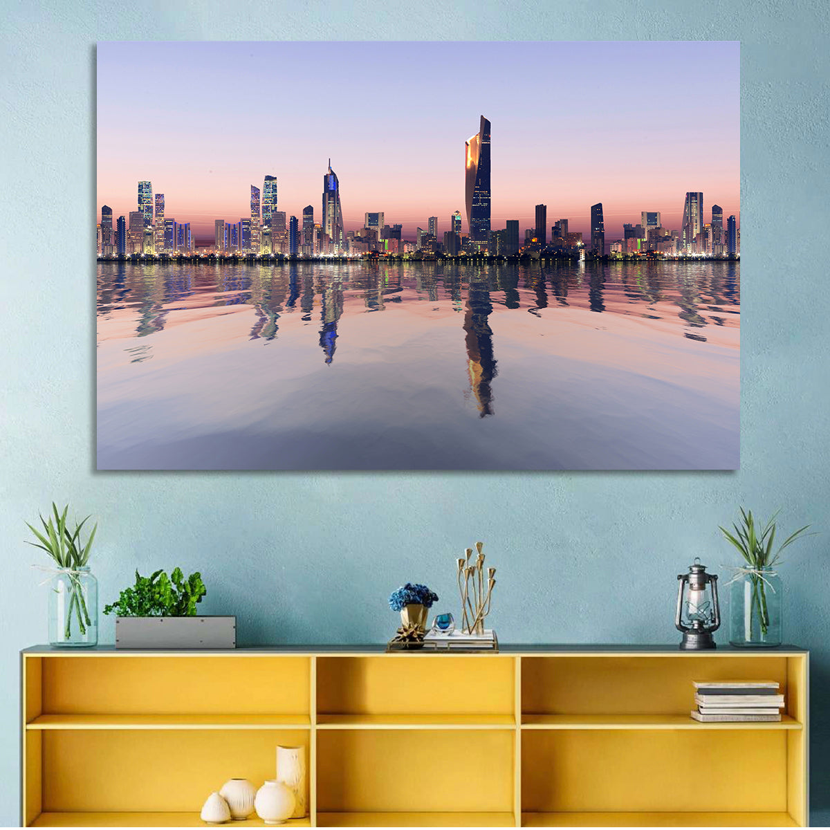 Al Hamra Tower Twilight Skyline Wall Art in a room, landscape