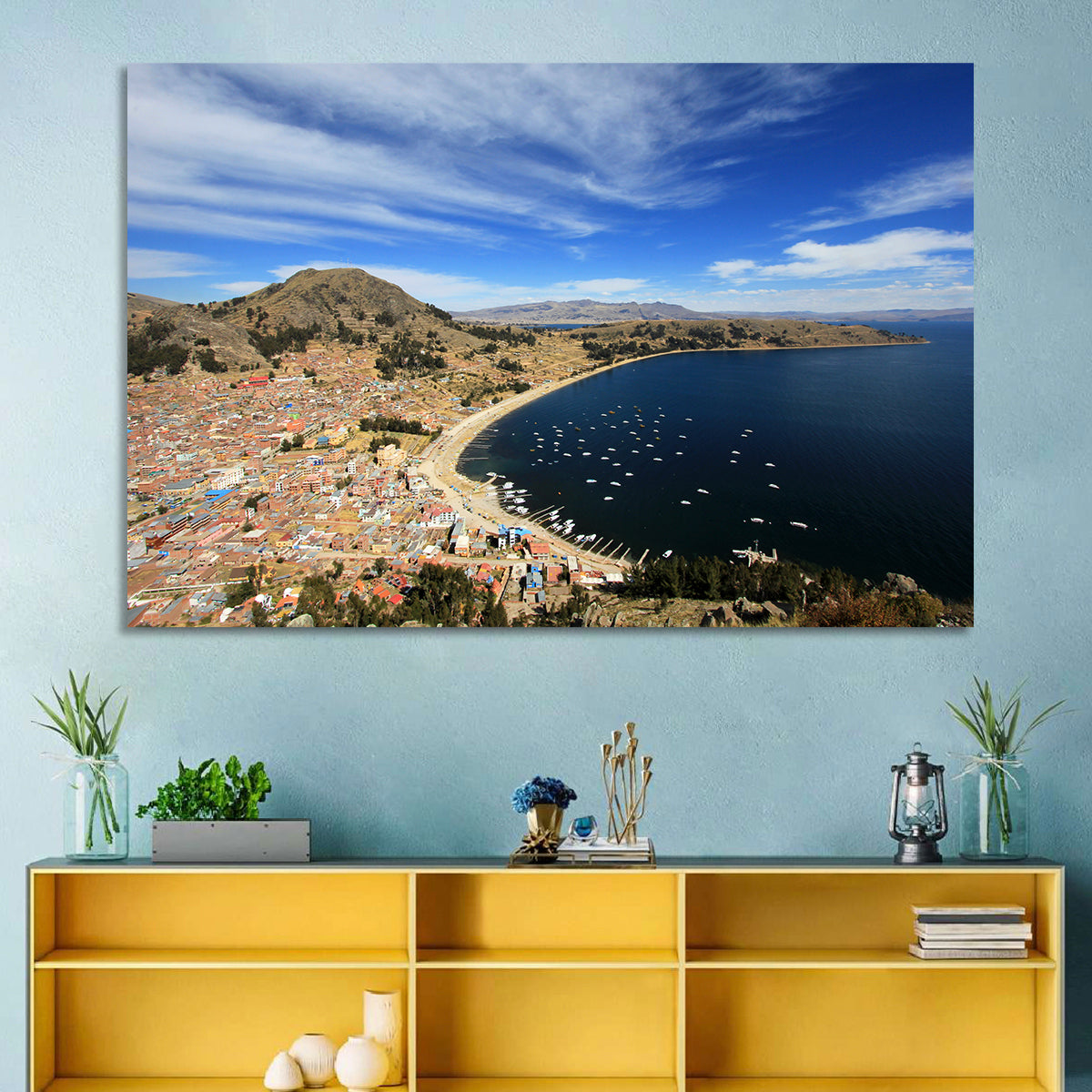 Copacabana Aerial Over Lake Titicaca Wall Art in a room, landscape
