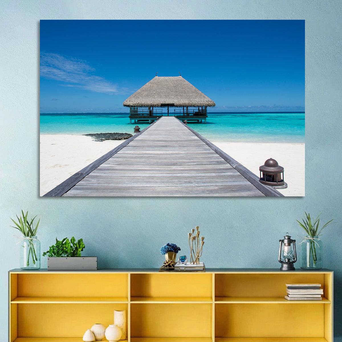 Maldives Turquoise Pier Wall Art in a room, landscape
