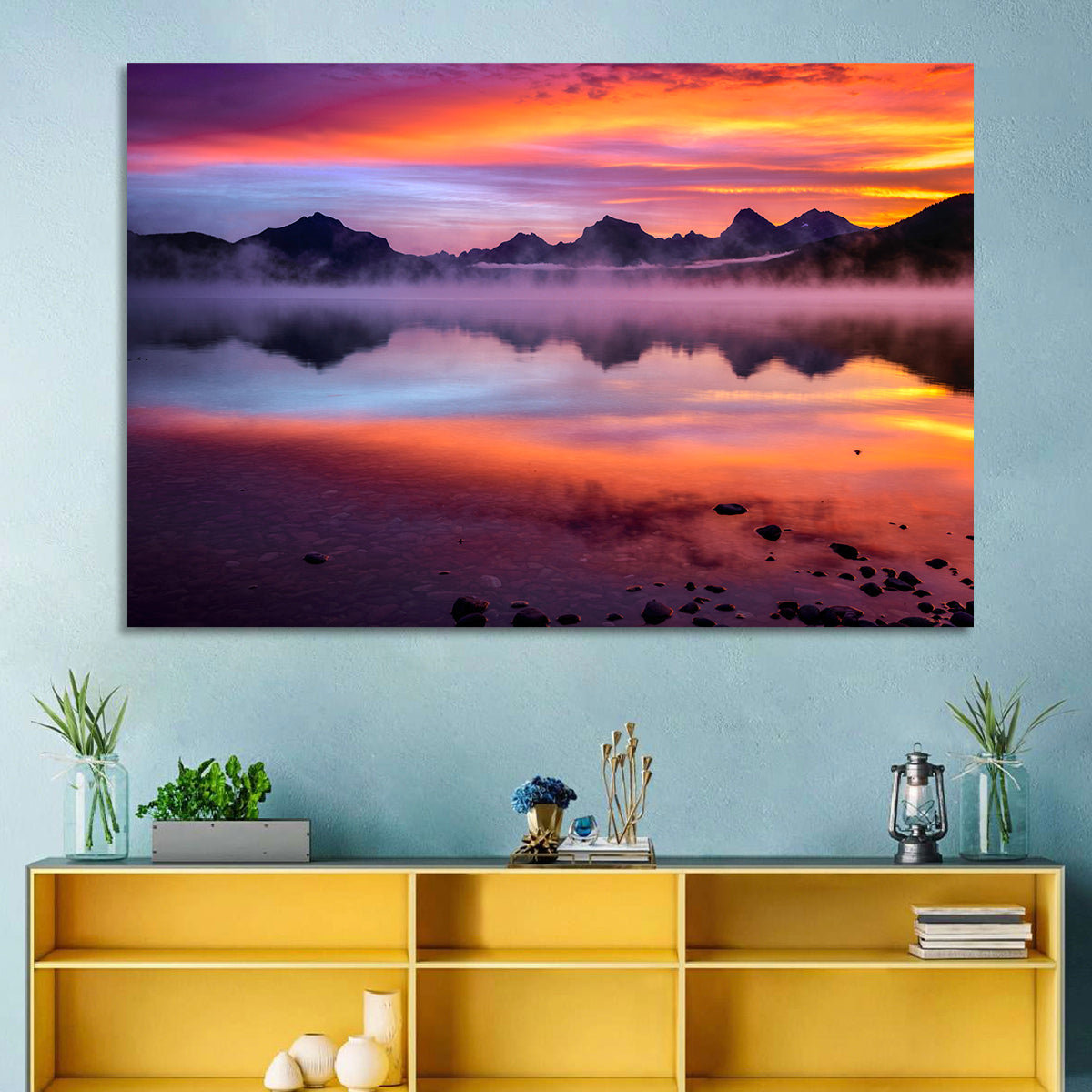 Lake Mcdonald Misty Sunset Wall Art in a room, landscape