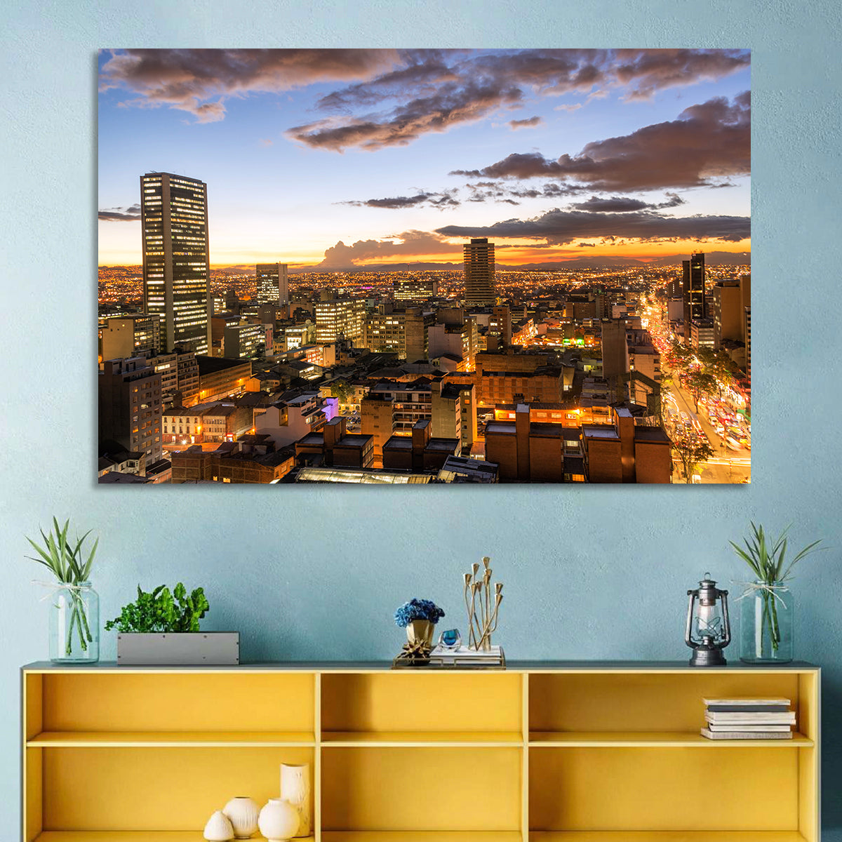Bogota Twilight Cityscape Wall Art in a room, landscape