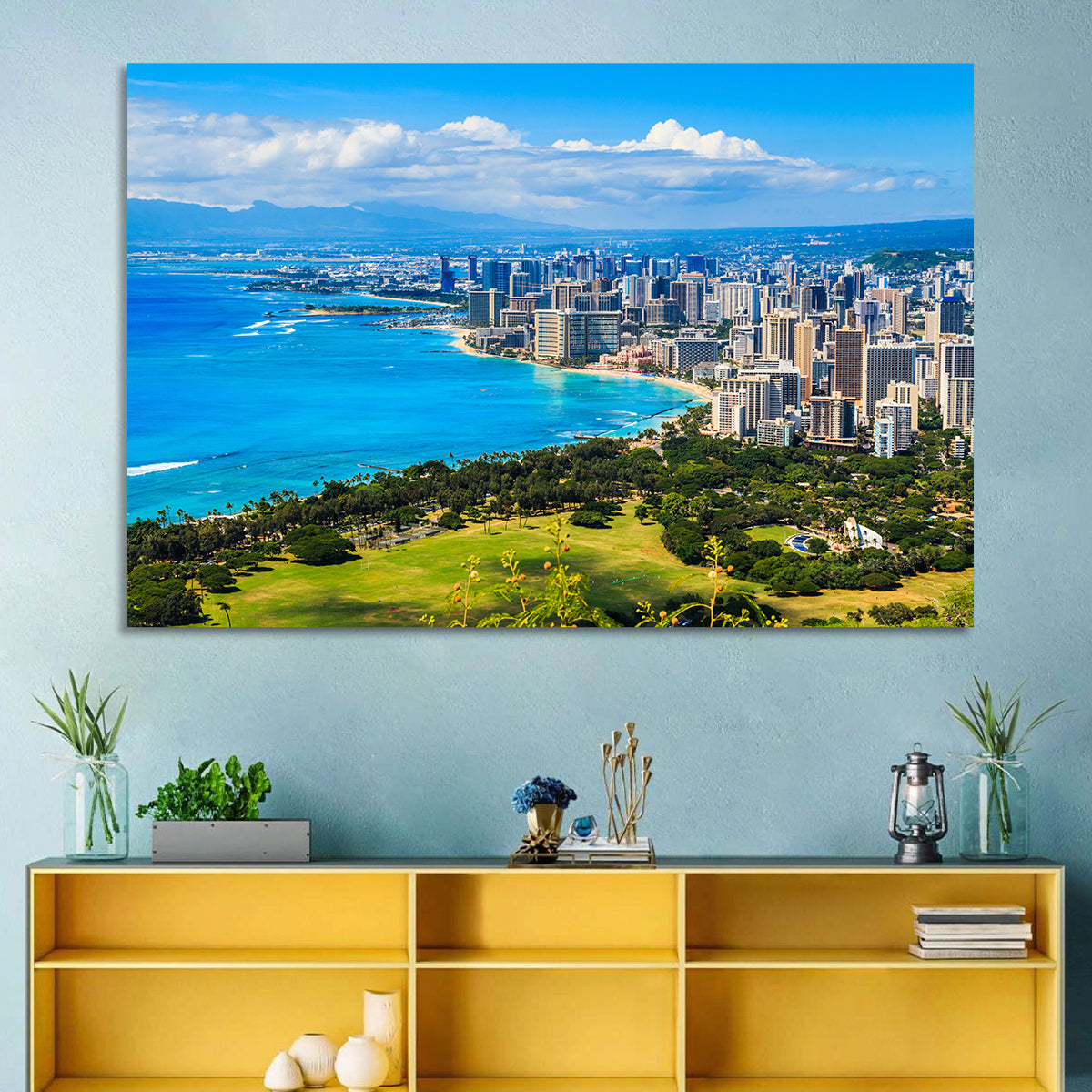 Honolulu Skyline Wall Art in a room, landscape