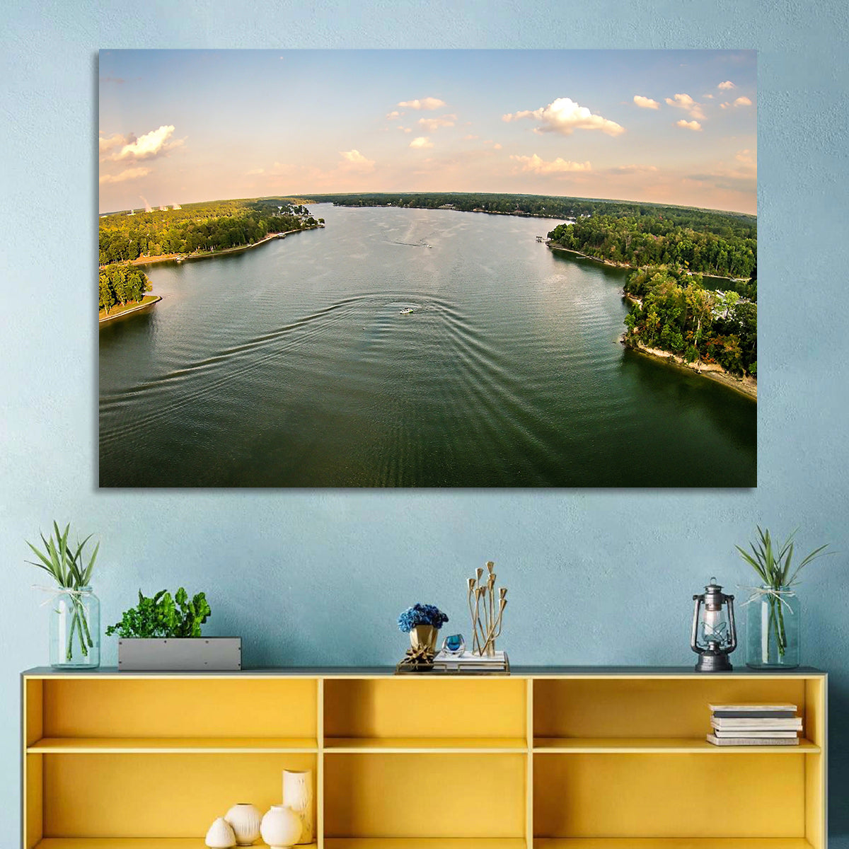 Lake Wylie Golden Hour Wall Art in a room, landscape