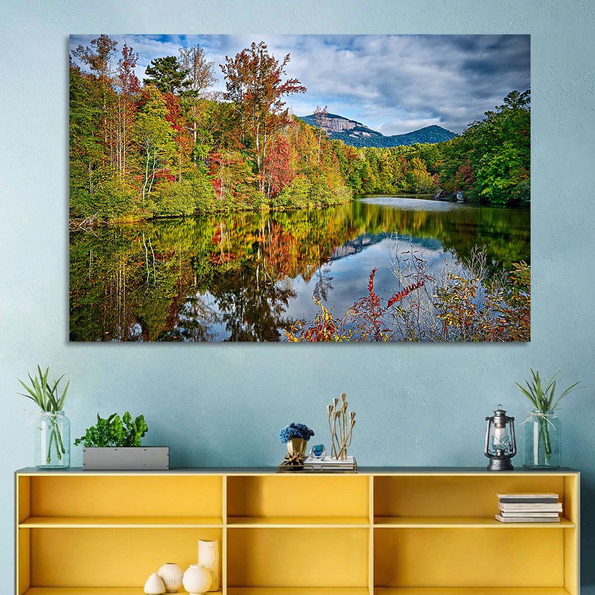 Lake Jocassee Autumn Reflection Wall Art in a room, landscape