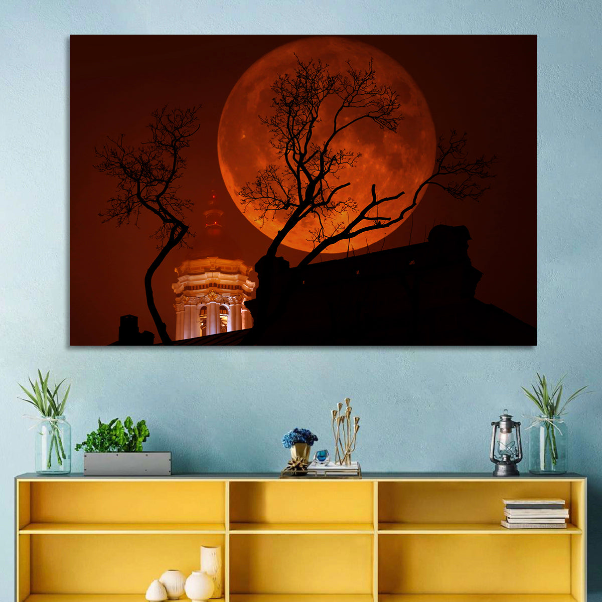 Haunted Supermoon Over Church Spire Wall Art in a room, landscape