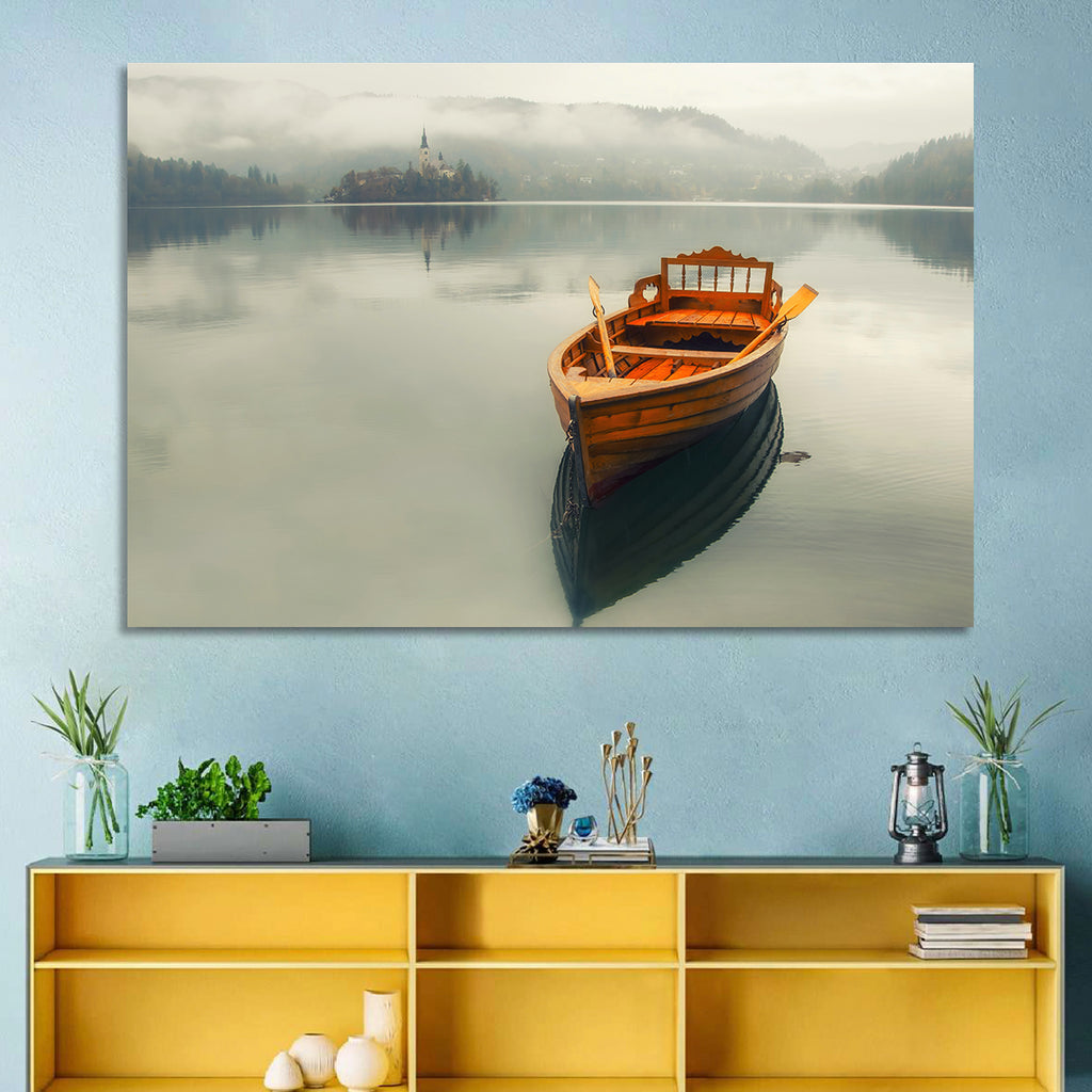 Wooden Boat on Misty Lake Bled Wall Art