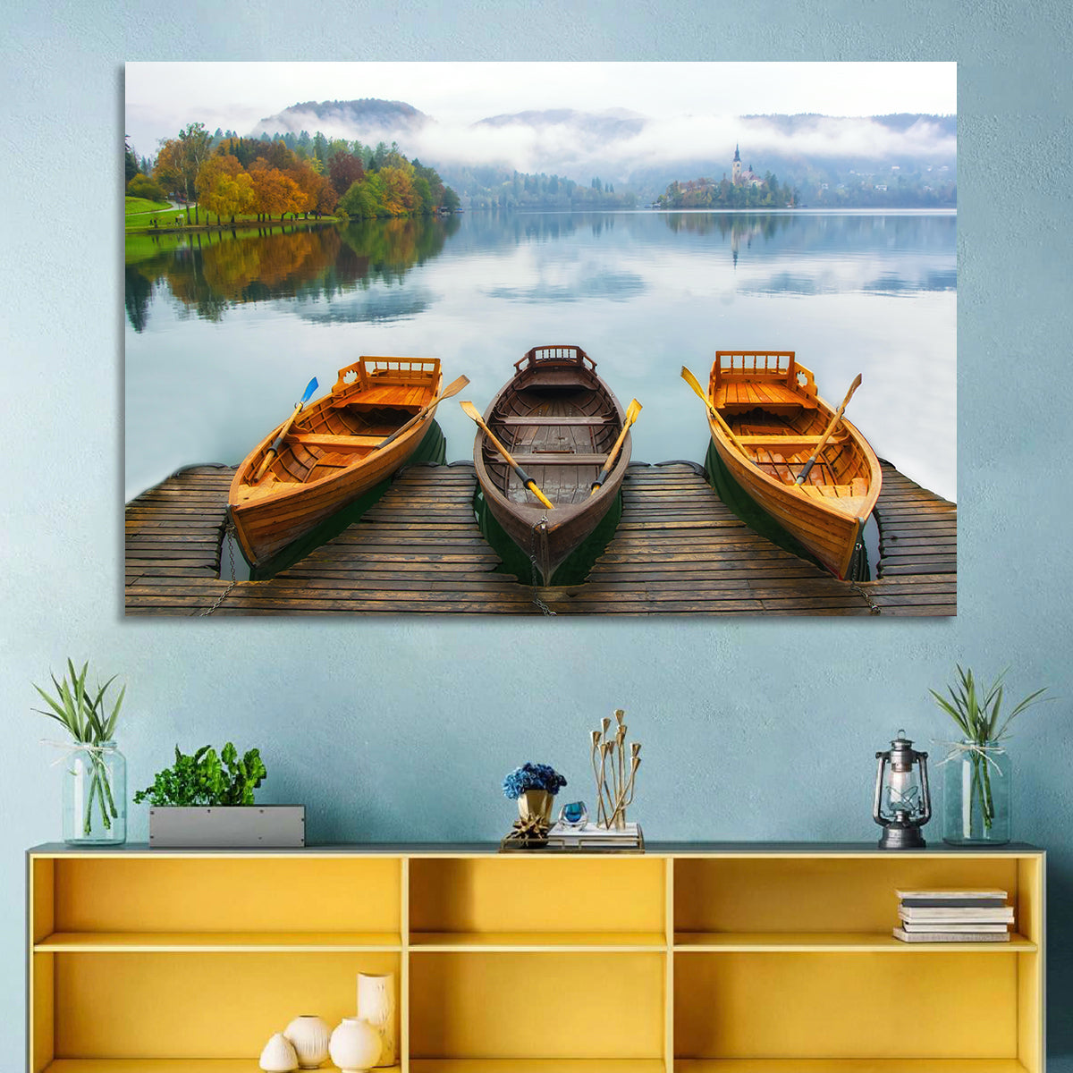 Moored Boats on Misty Lake Bled Wall Art in a room, landscape