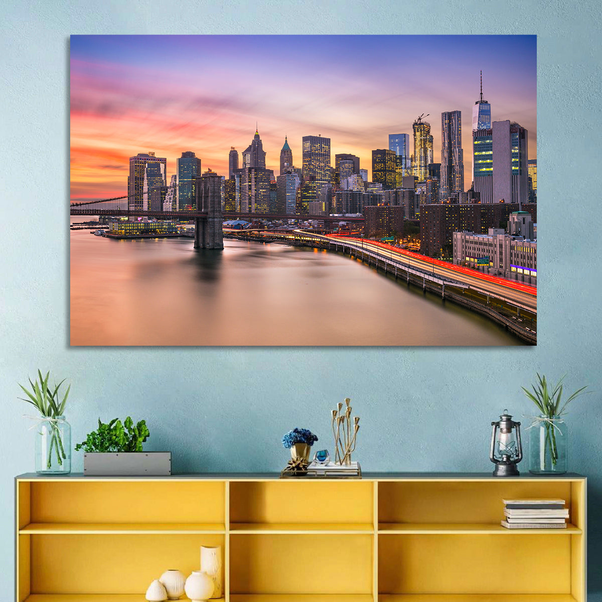 Brooklyn Bridge Light Trails Over Lower Manhattan Wall Art in a room, landscape