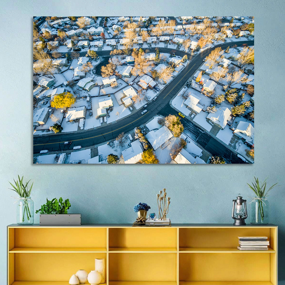 Snowy Fort Collins Neighborhood Aerial Wall Art in a room, landscape