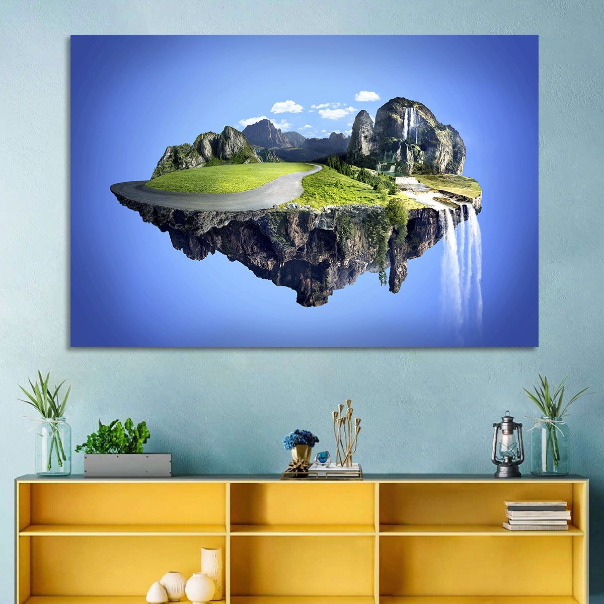 Surreal Floating Island with Waterfalls Wall Art in a room, landscape