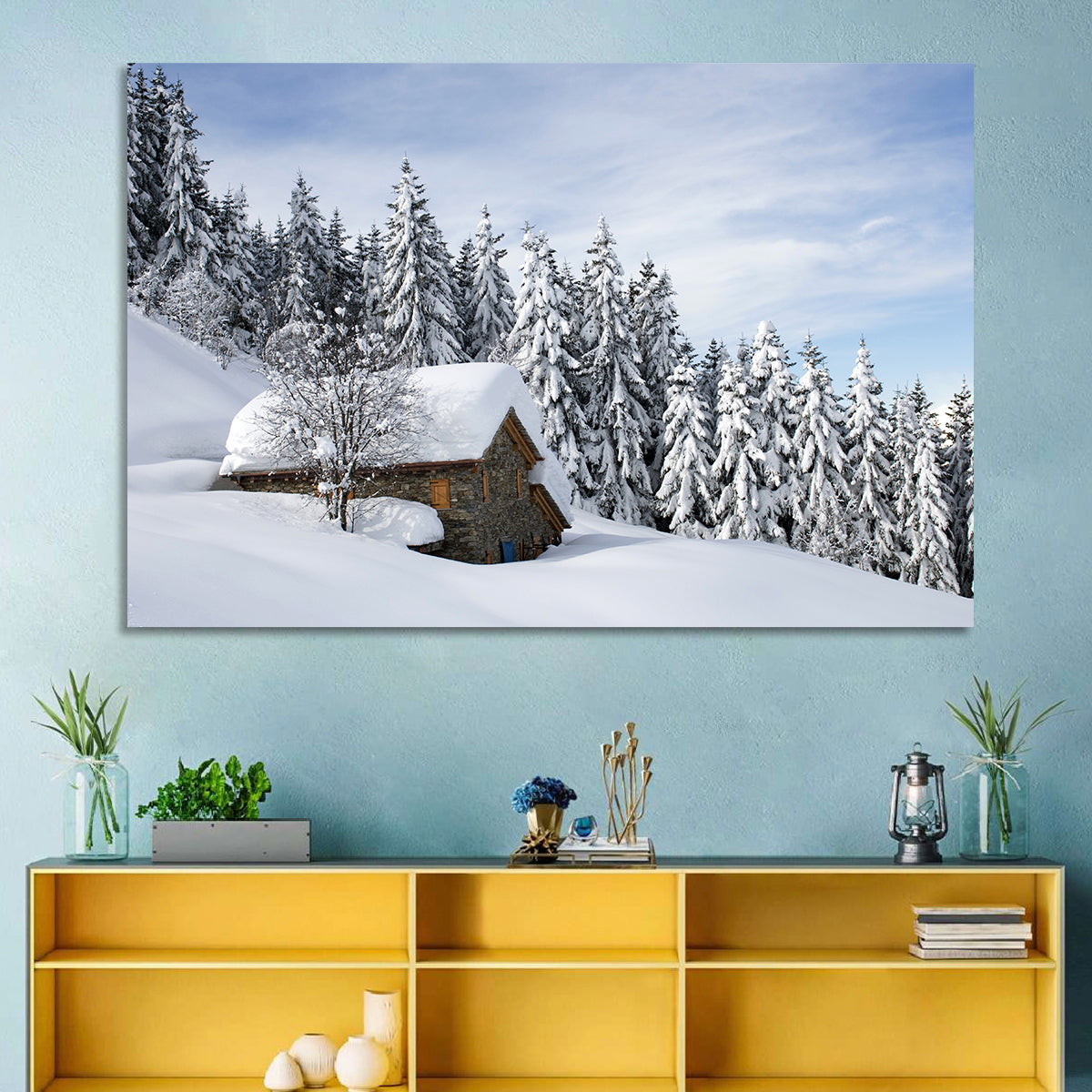 Snow Covered Alpine Cabin Wall Art in a room, landscape
